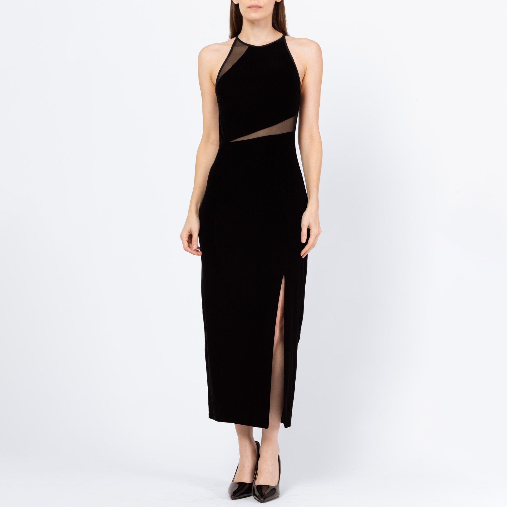 Vintage 90s Tadashi Black Velvet Sheer Cut Out Gown - Small to Medium | Designer Fitted Mesh Panel Maxi Evening Dress