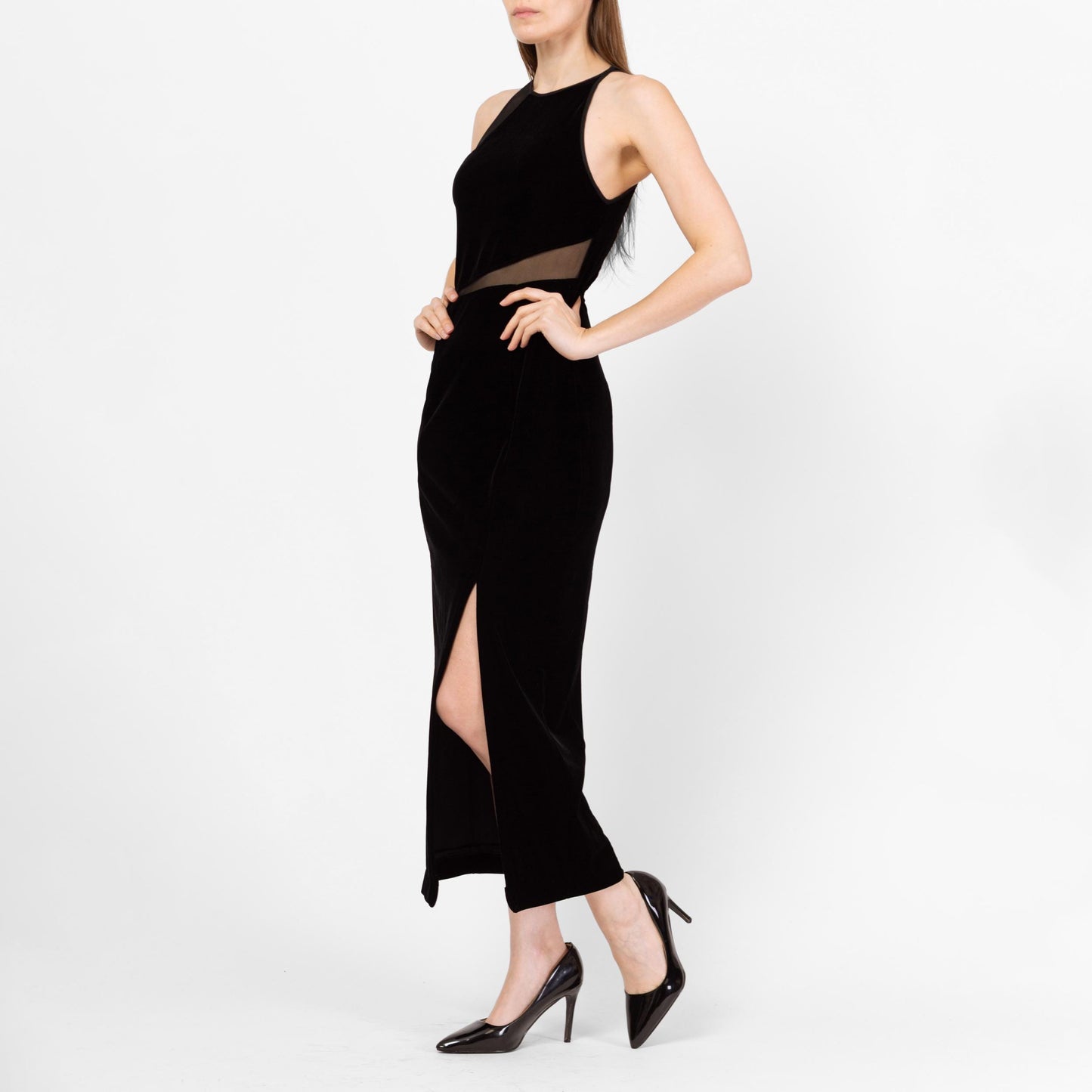 Vintage 90s Tadashi Black Velvet Sheer Cut Out Gown - Small to Medium | Designer Fitted Mesh Panel Maxi Evening Dress