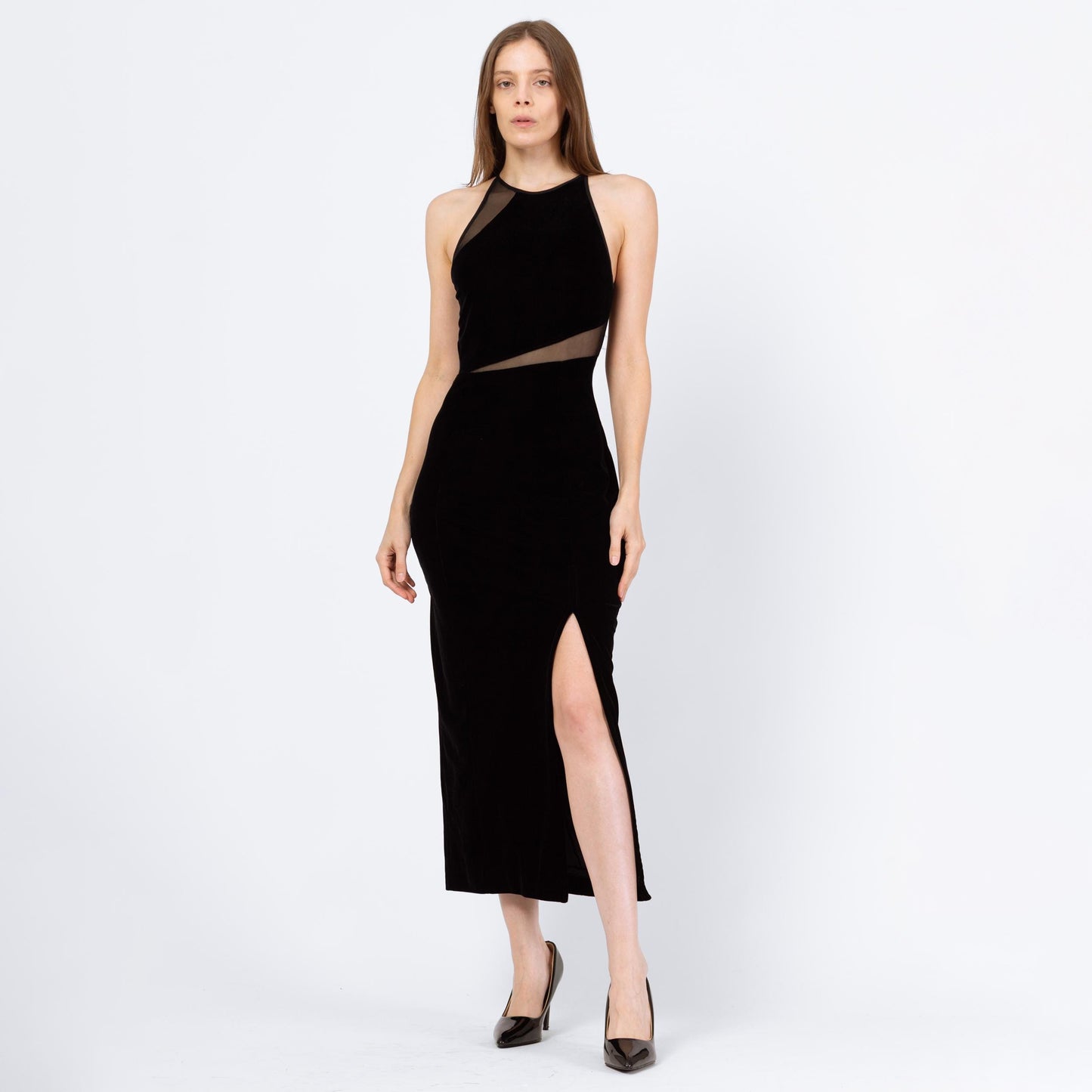 Vintage 90s Tadashi Black Velvet Sheer Cut Out Gown - Small to Medium | Designer Fitted Mesh Panel Maxi Evening Dress