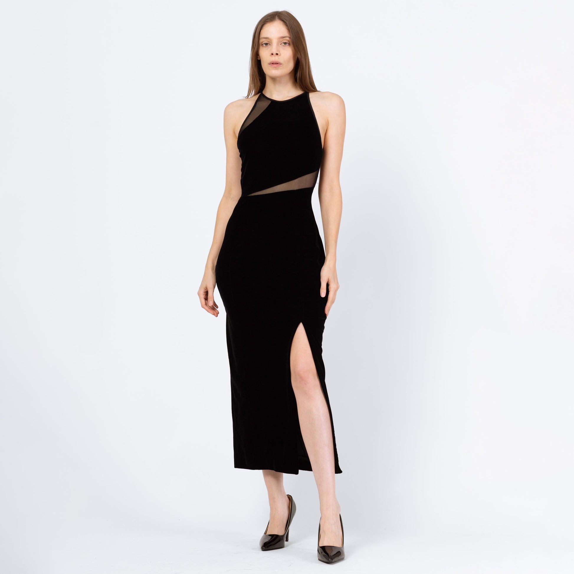 Vintage 90s Tadashi Black Velvet Sheer Cut Out Gown - Small to Medium | Designer Fitted Mesh Panel Maxi Evening Dress