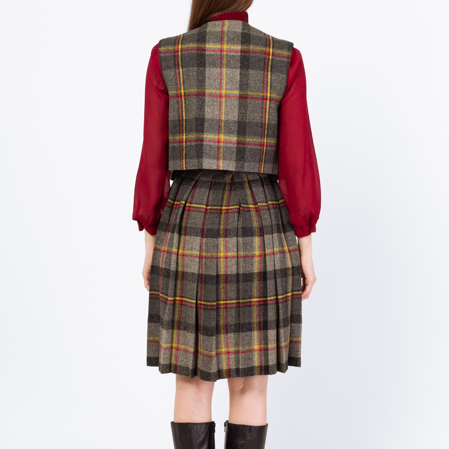 Vintage 60s Preppy Plaid Mini Skirt & Vest Set - Extra Small