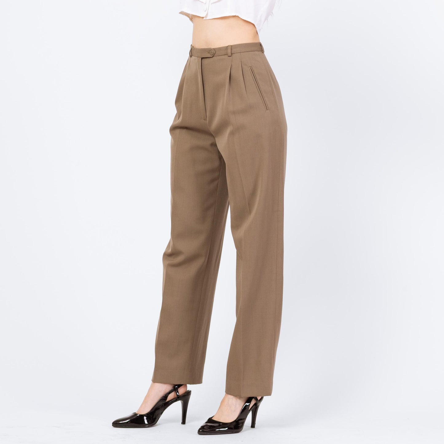 Vintage 80s Taupe Wool Straight Leg Trousers - Small, 26" Waist