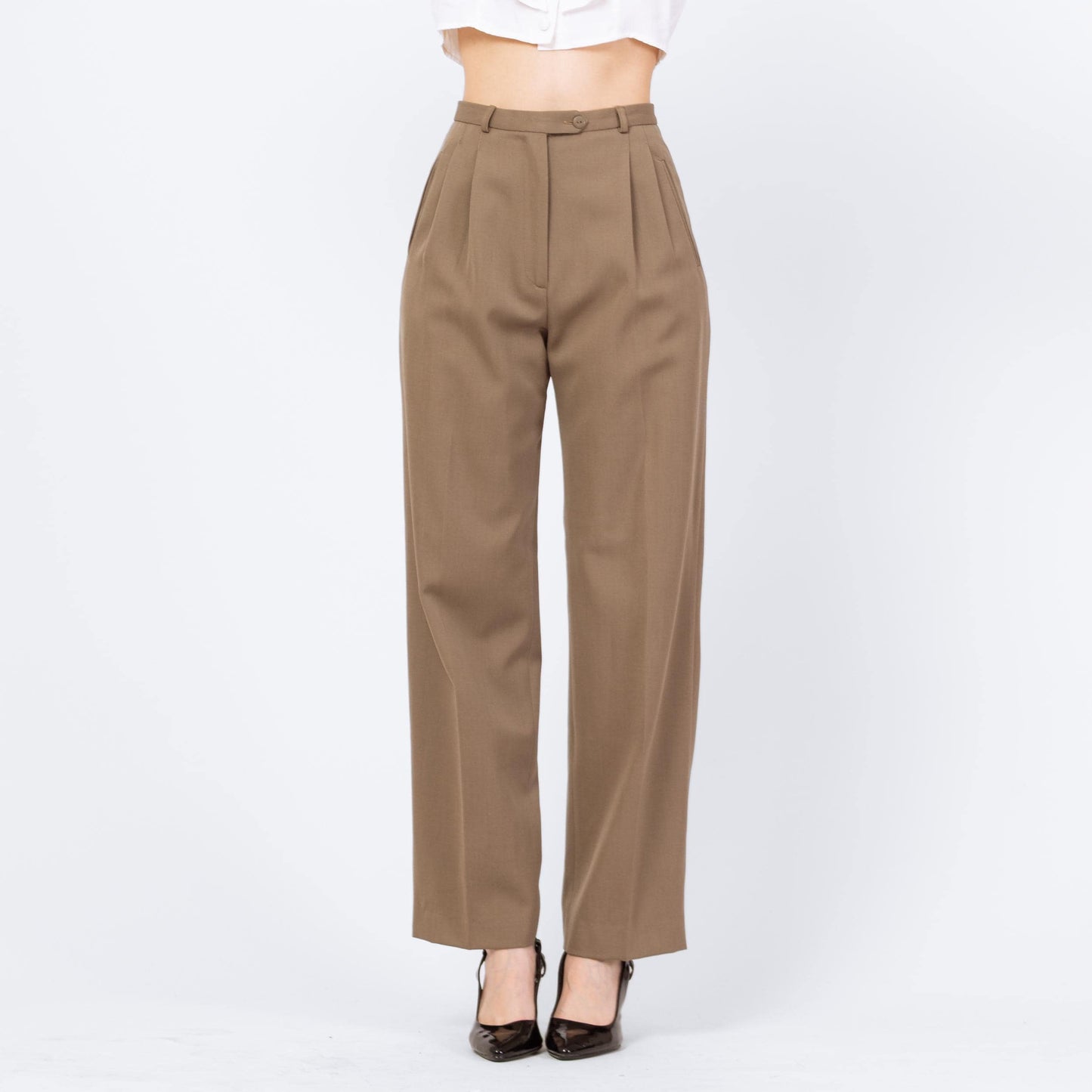 Vintage 80s Taupe Wool Straight Leg Trousers - Small, 26" Waist