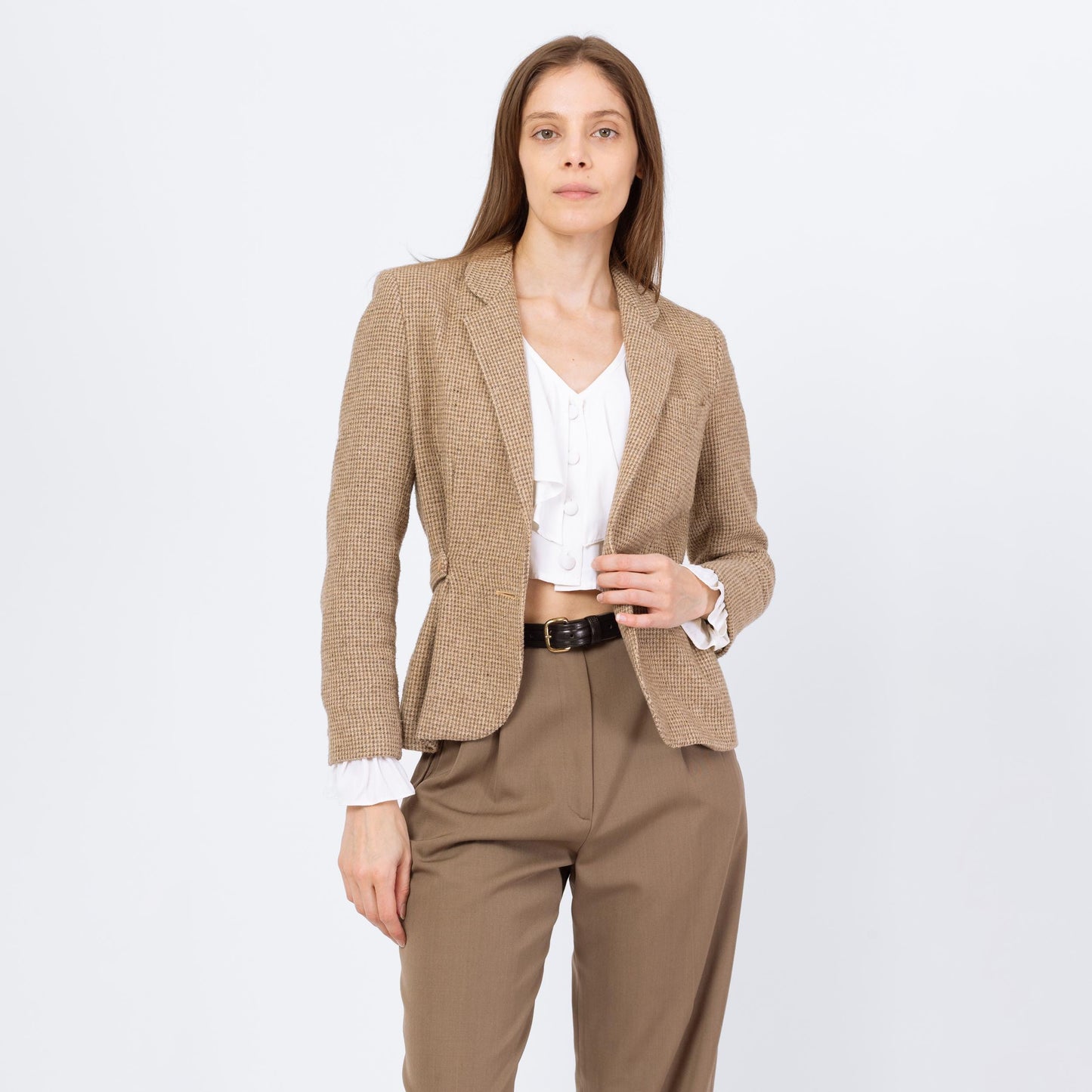 Vintage 80s Taupe Wool Tweed Blazer - Extra Small
