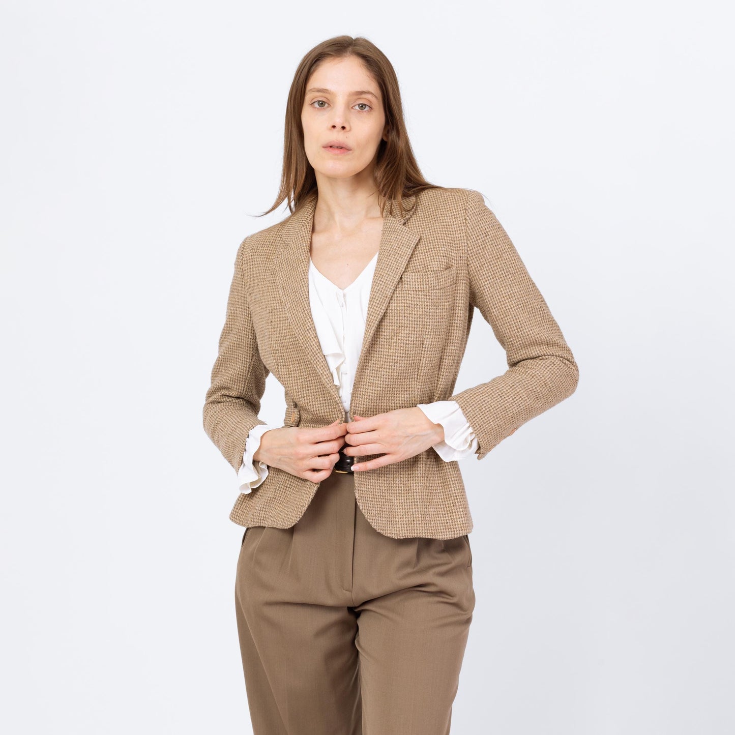 Vintage 80s Taupe Wool Tweed Blazer - Extra Small