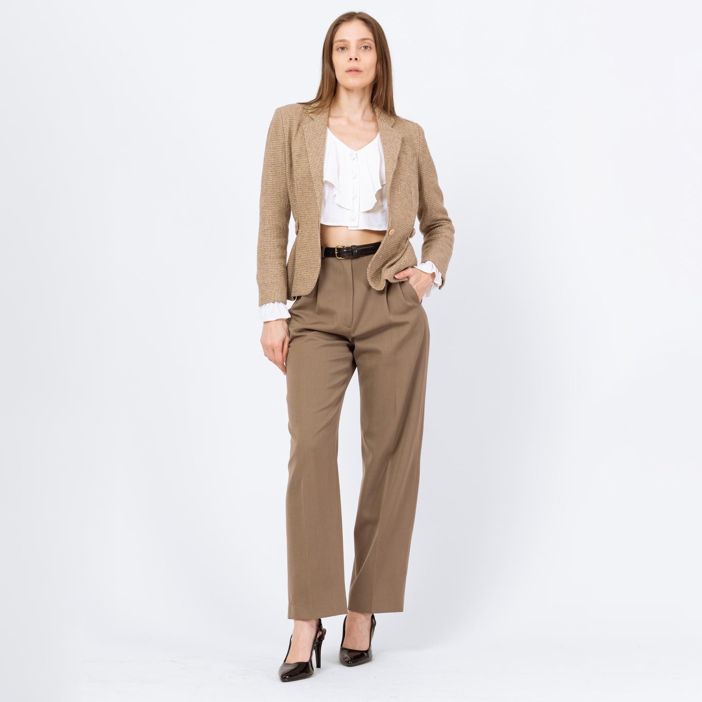 Vintage 80s Taupe Wool Tweed Blazer - Extra Small