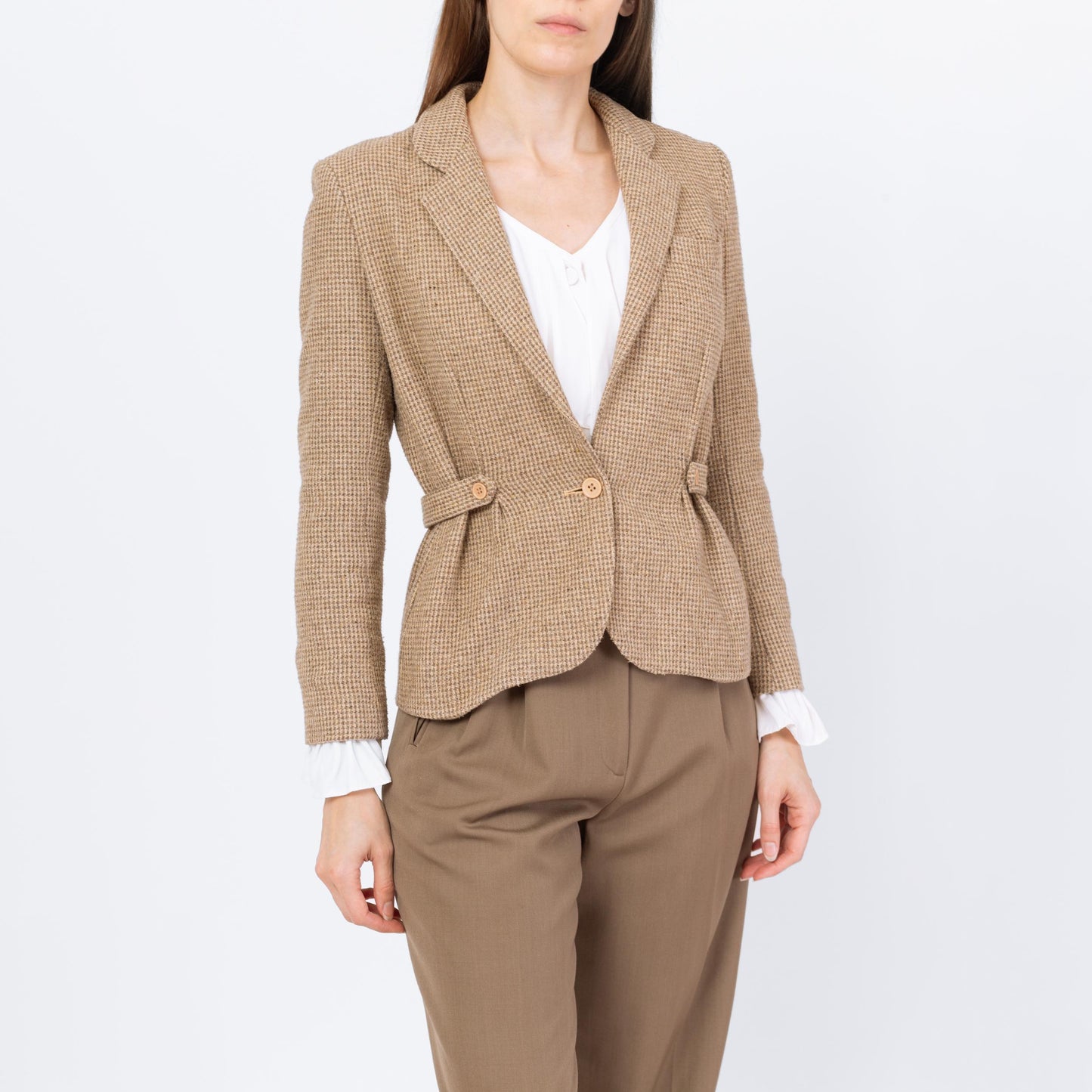 Vintage 80s Taupe Wool Tweed Blazer - Extra Small
