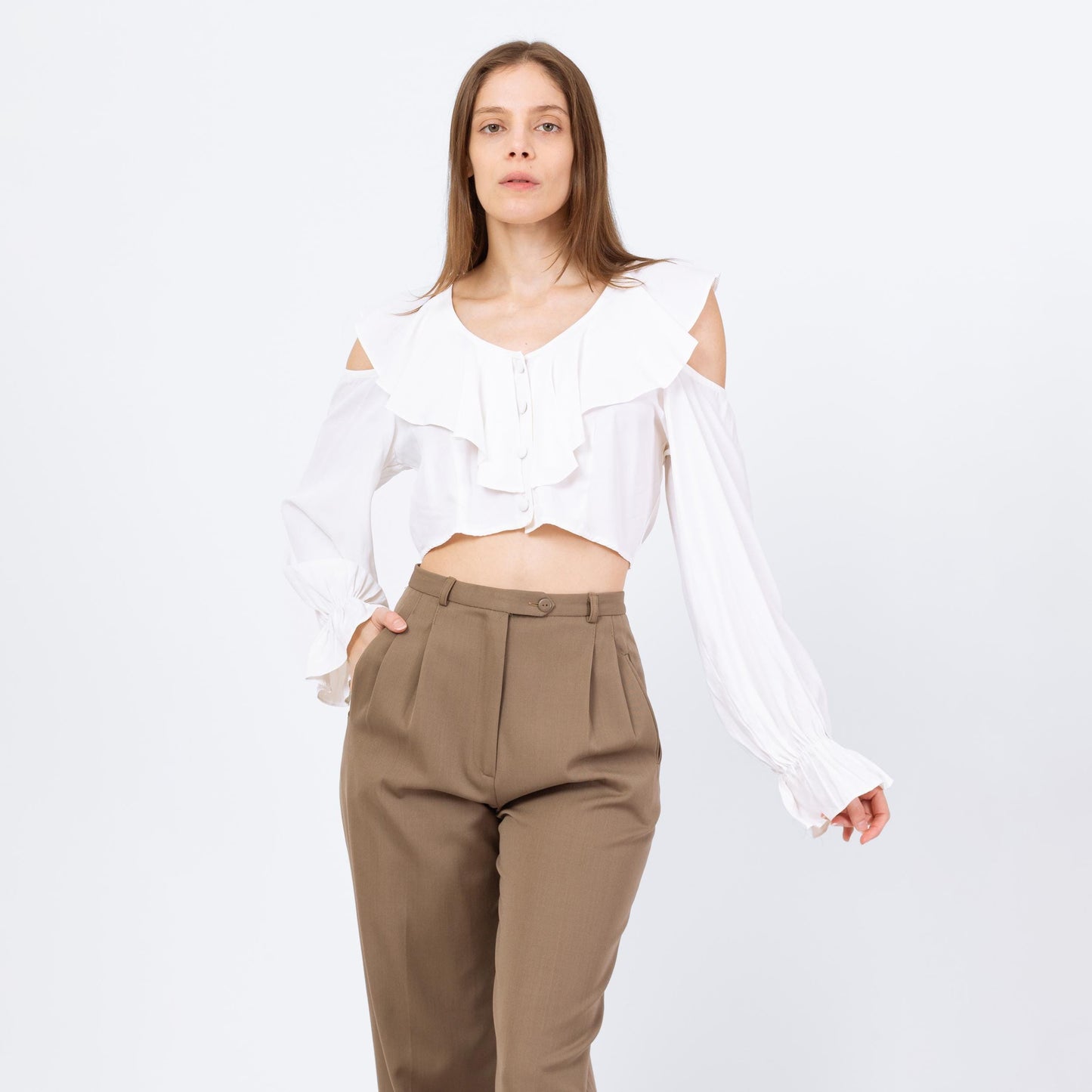 Vintage 80s White Cold Shoulder Crop Top - Small