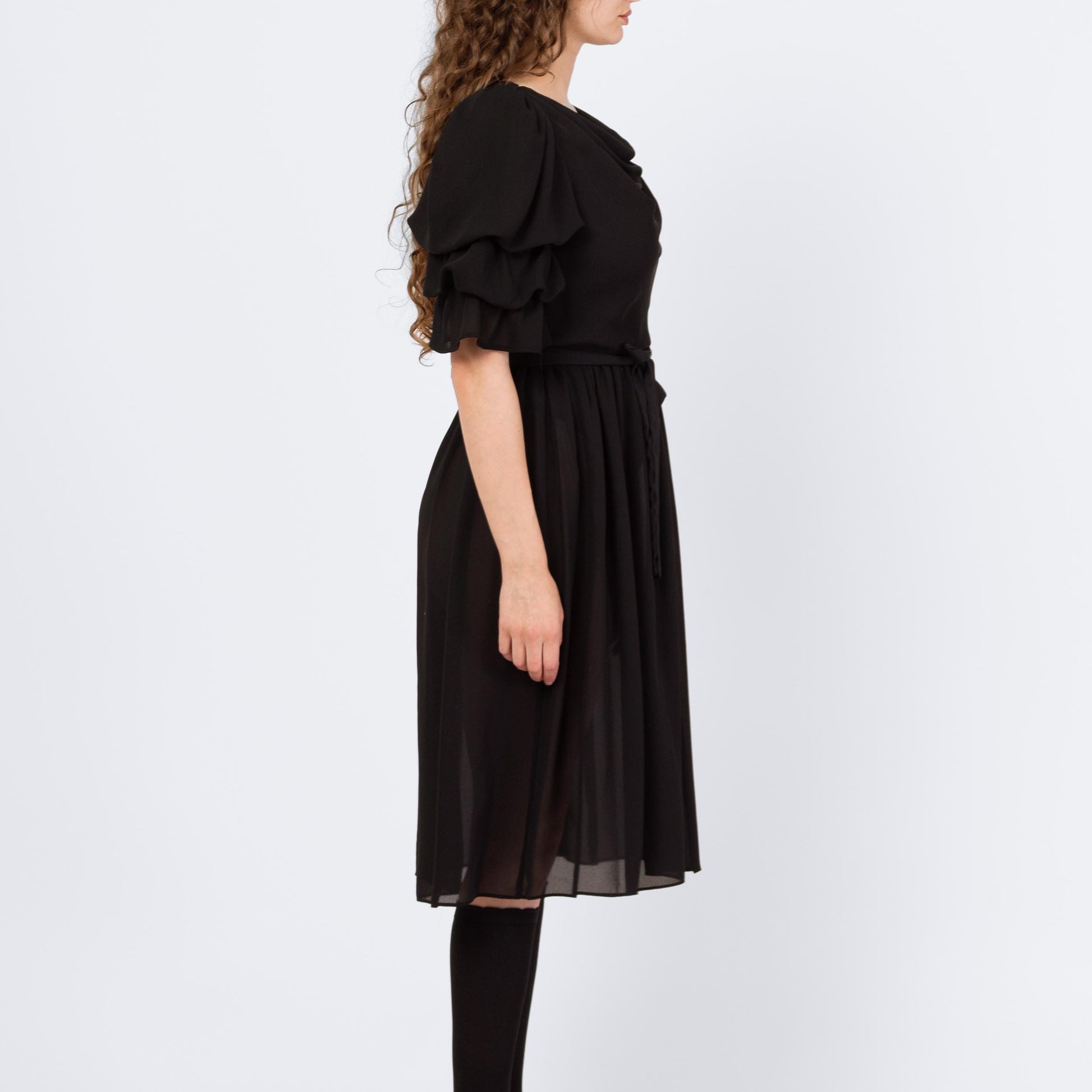 Vintage 80s Sheer Black Puff Sleeve Party Dress - Medium | Retro Gothic Tiered Sleeve Formal Midi Dress