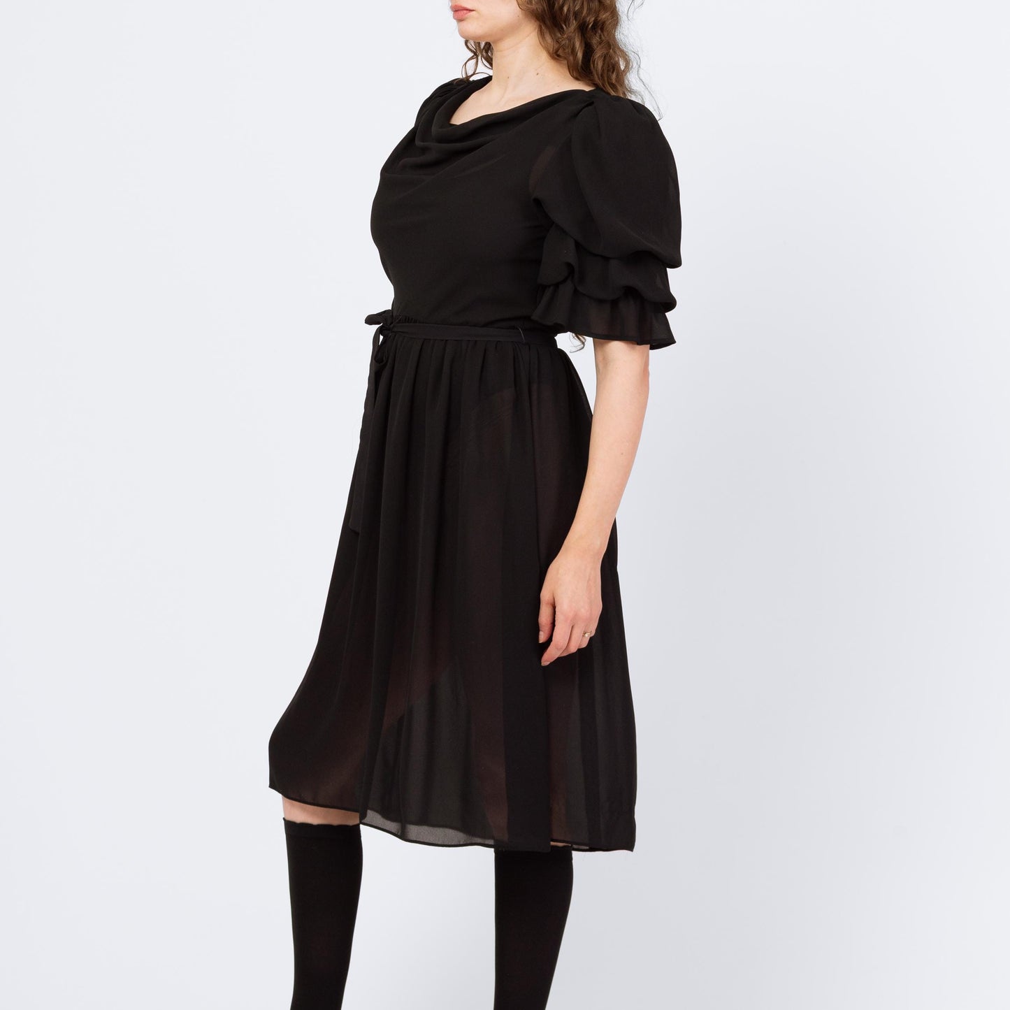 Vintage 80s Sheer Black Puff Sleeve Party Dress - Medium | Retro Gothic Tiered Sleeve Formal Midi Dress