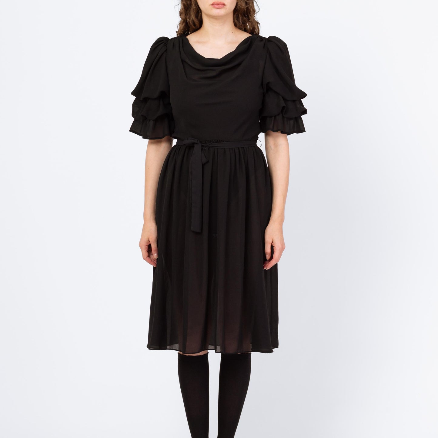 Vintage 80s Sheer Black Puff Sleeve Party Dress - Medium | Retro Gothic Tiered Sleeve Formal Midi Dress