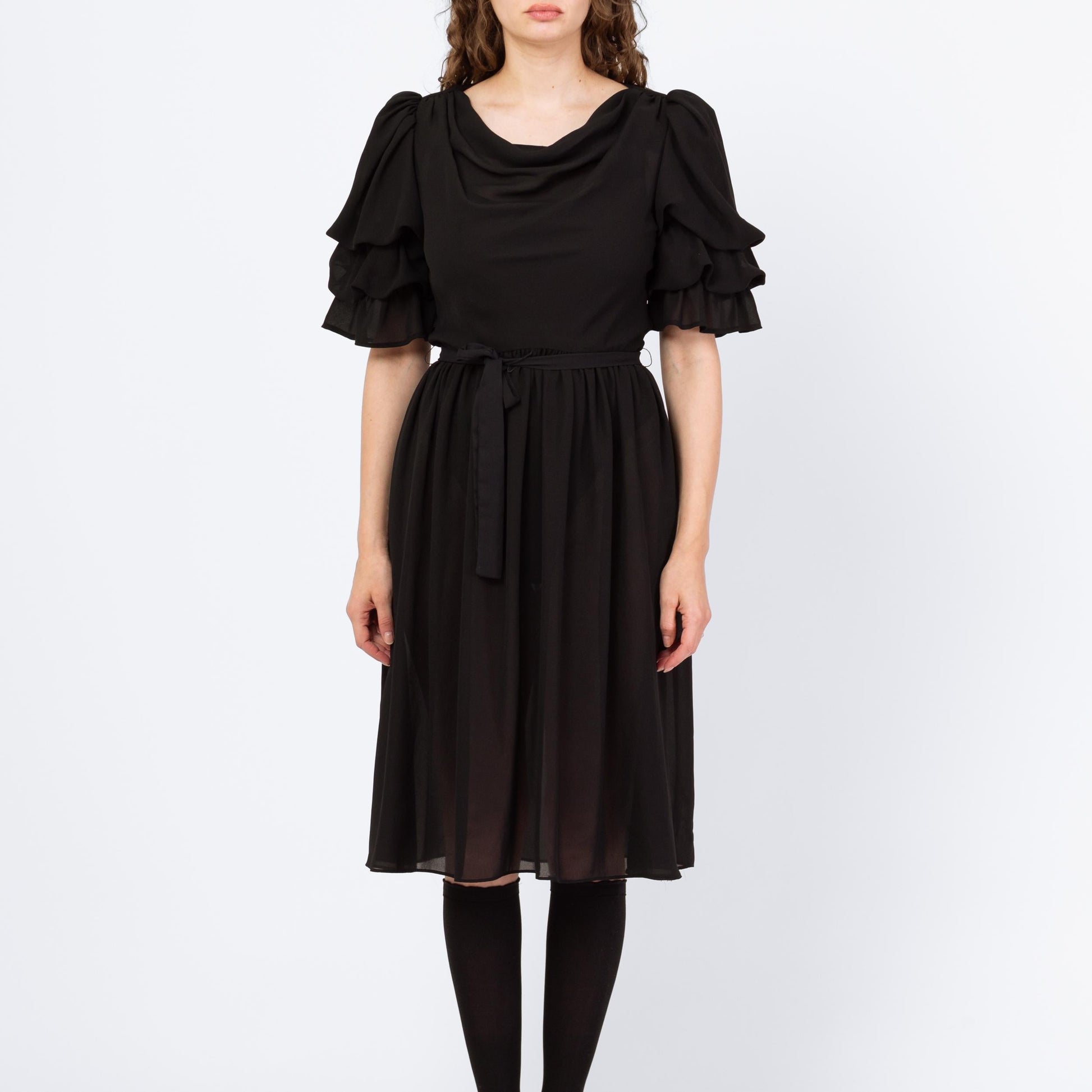 Vintage 80s Sheer Black Puff Sleeve Party Dress - Medium | Retro Gothic Tiered Sleeve Formal Midi Dress