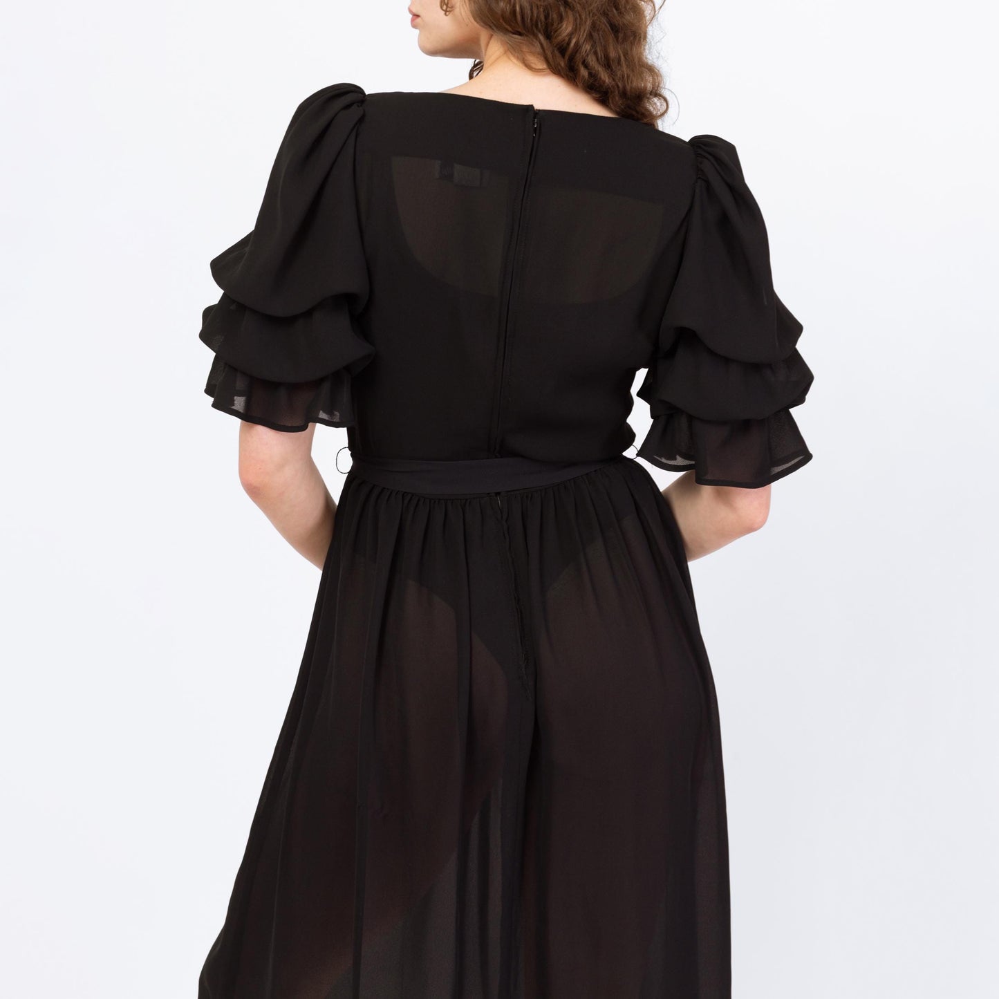 Vintage 80s Sheer Black Puff Sleeve Party Dress - Medium | Retro Gothic Tiered Sleeve Formal Midi Dress