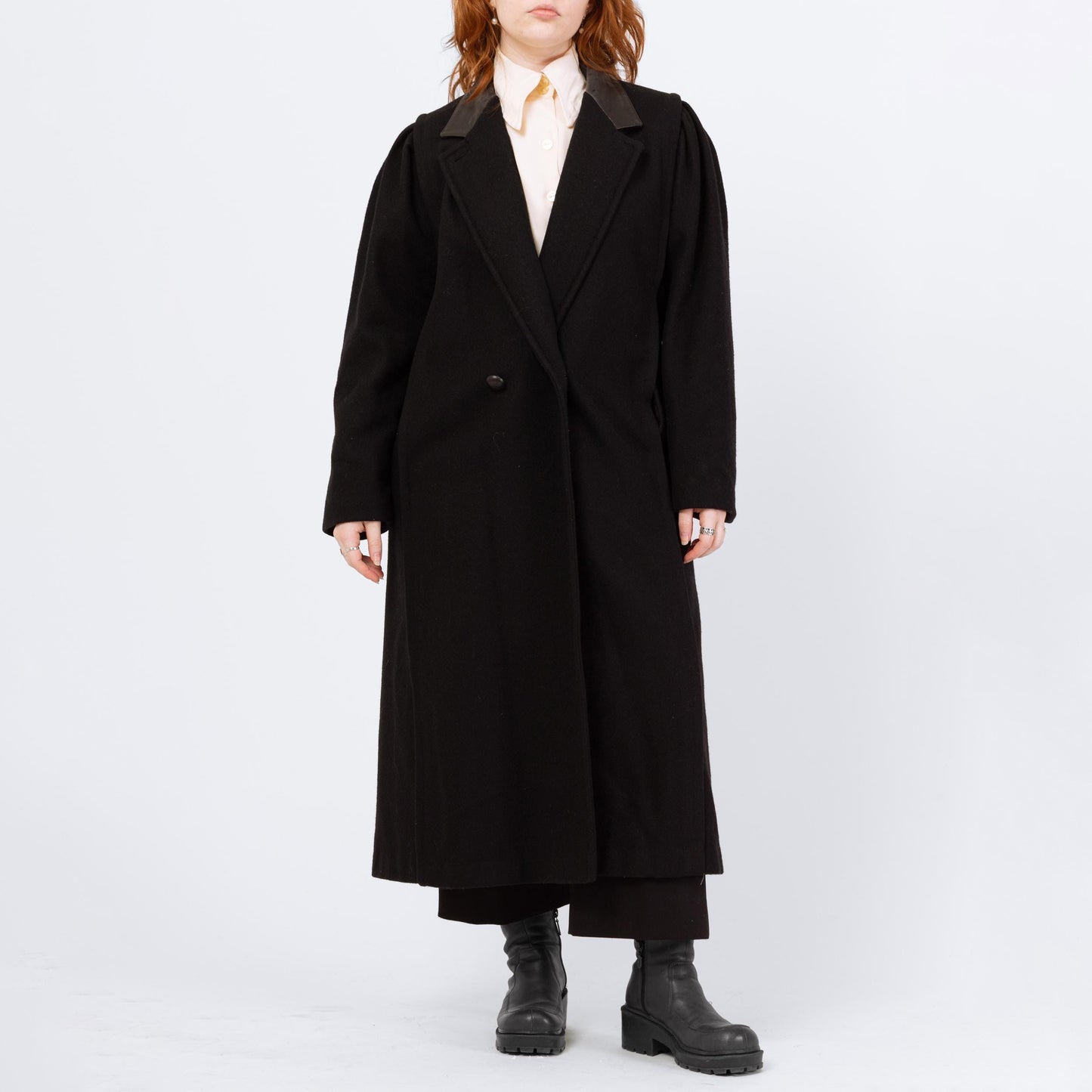 Vintage 80s Black Wool Leather Collar Overcoat - Large