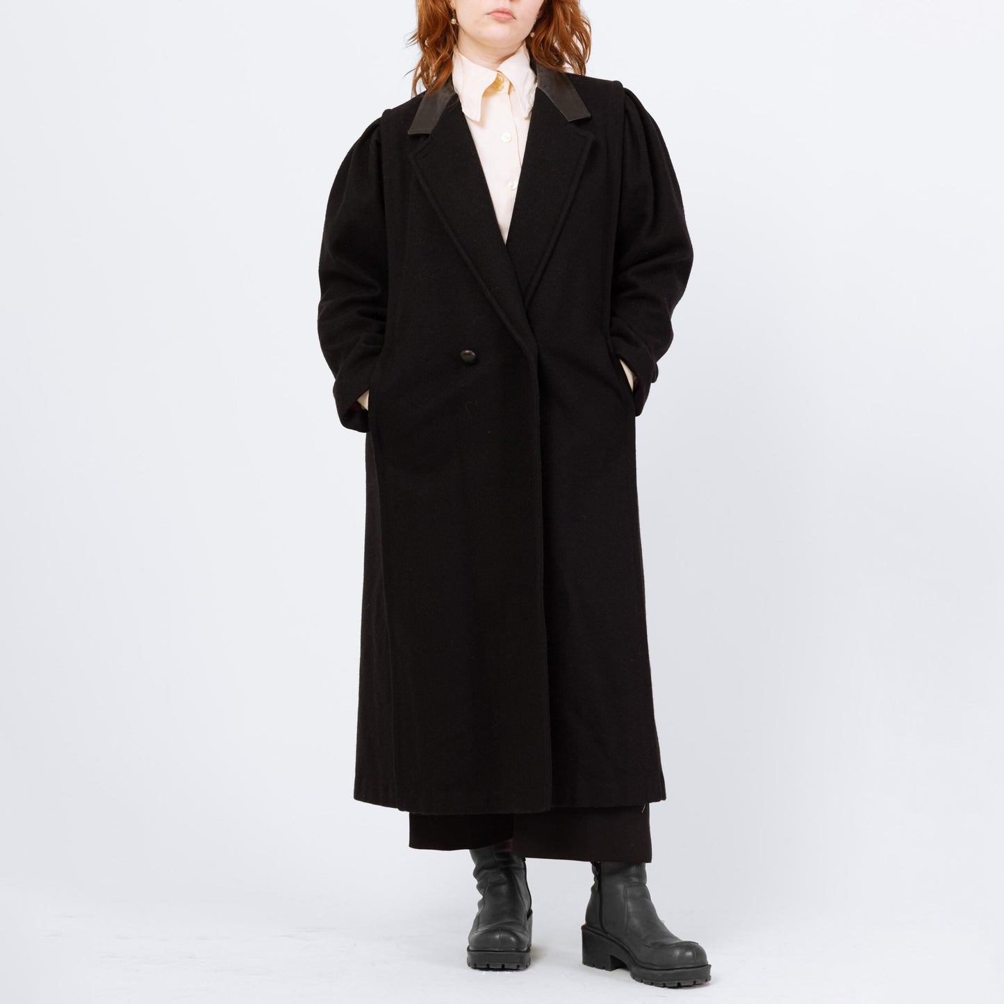 Vintage 80s Black Wool Leather Collar Overcoat - Large