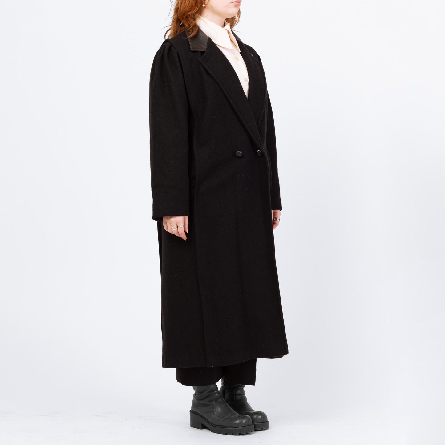 Vintage 80s Black Wool Leather Collar Overcoat - Large