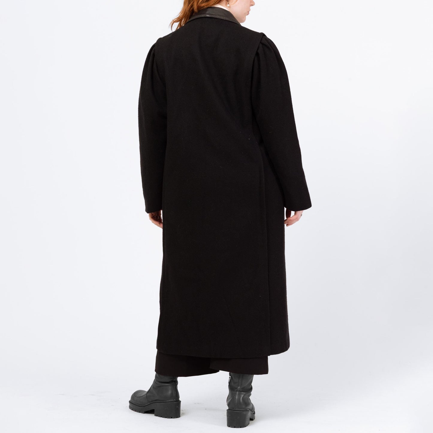 Vintage 80s Black Wool Leather Collar Overcoat - Large