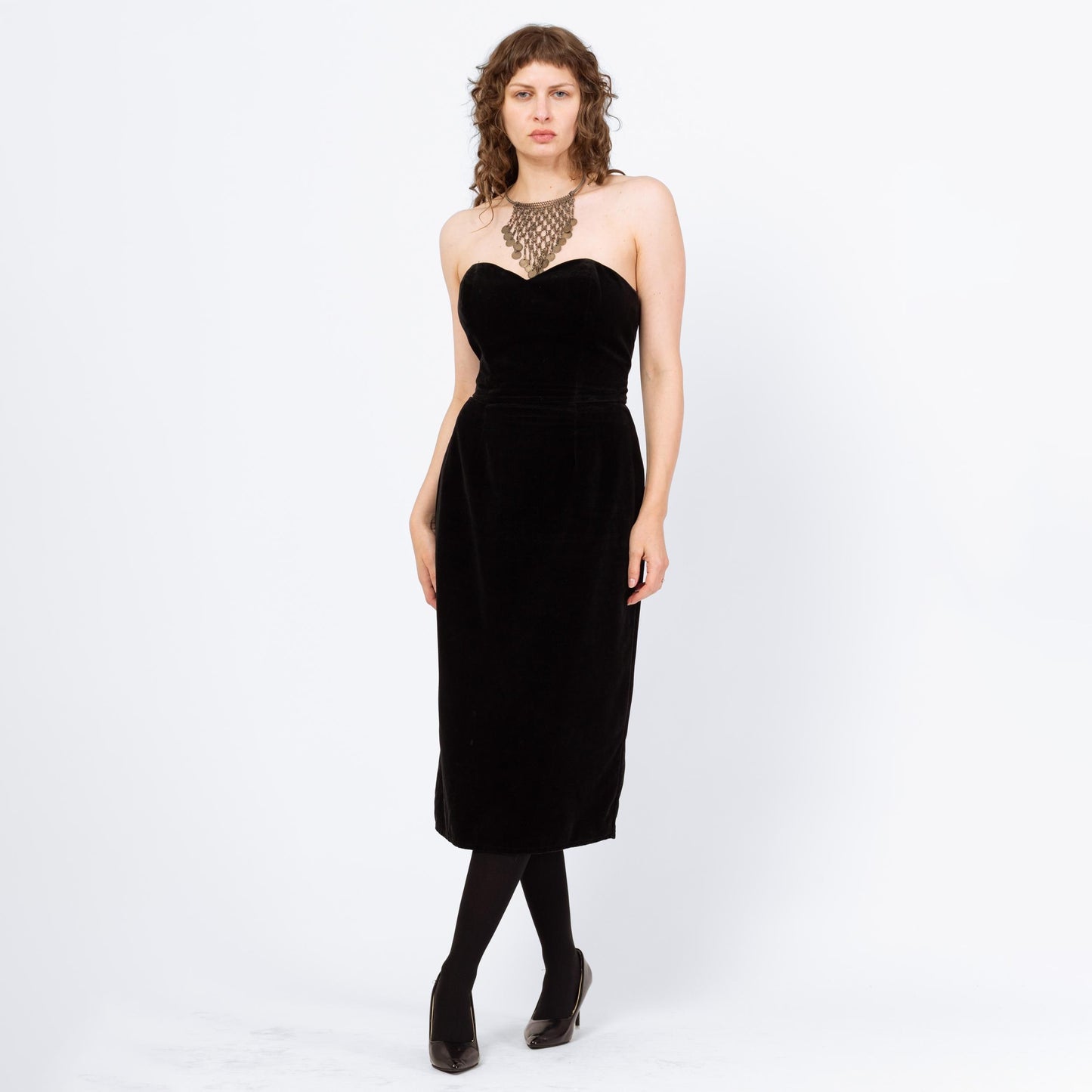 Vintage 80s Black Velvet Strapless Cocktail Dress - Medium | Minimalist Midi Sheath Party Dress
