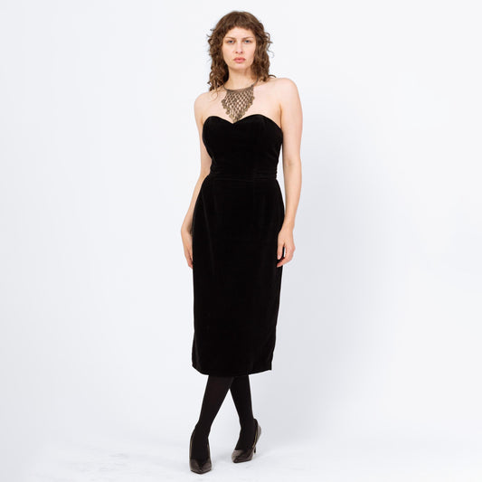Vintage 80s Black Velvet Strapless Cocktail Dress - Medium | Minimalist Midi Sheath Party Dress