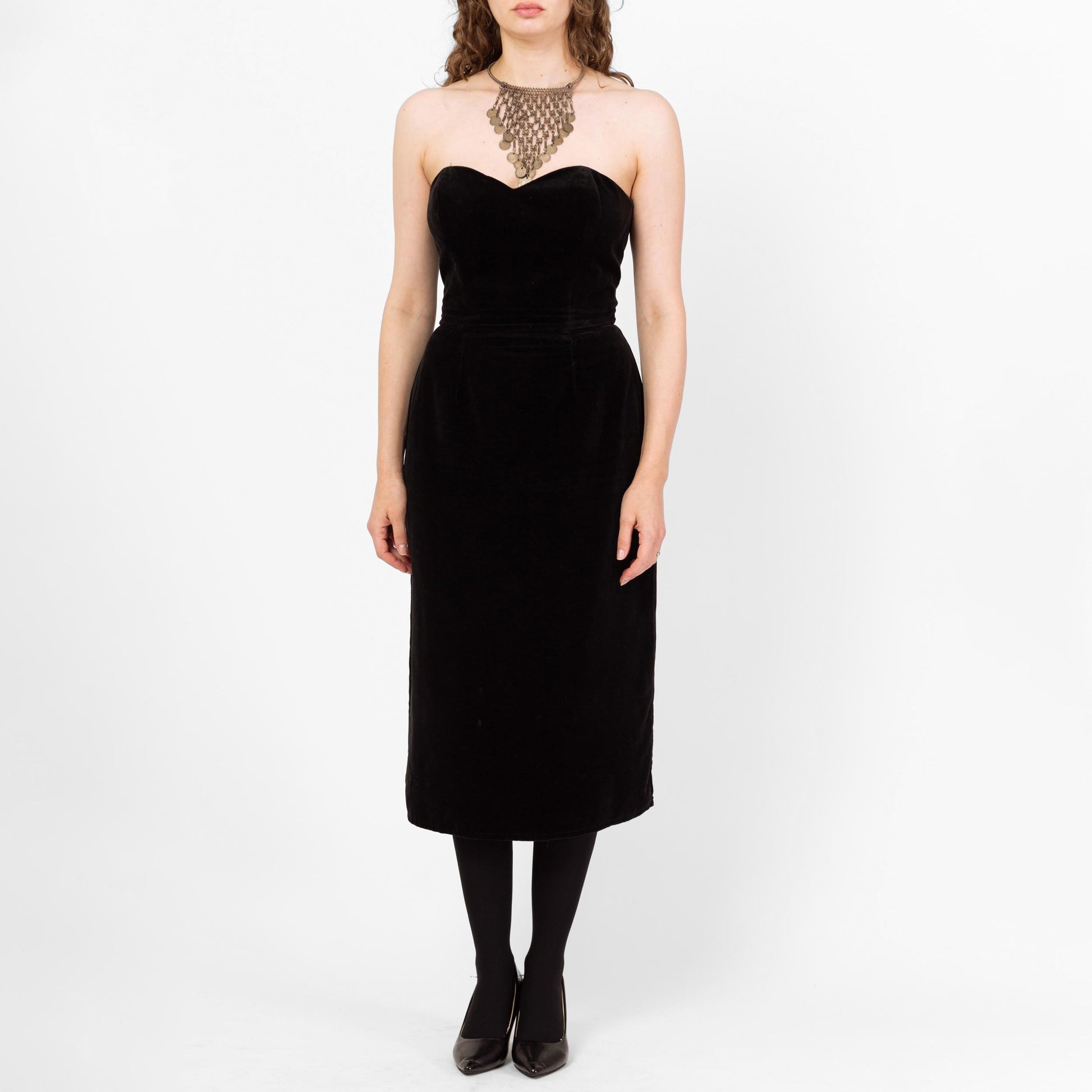 Vintage 80s Black Velvet Strapless Cocktail Dress - Medium | Minimalist Midi Sheath Party Dress