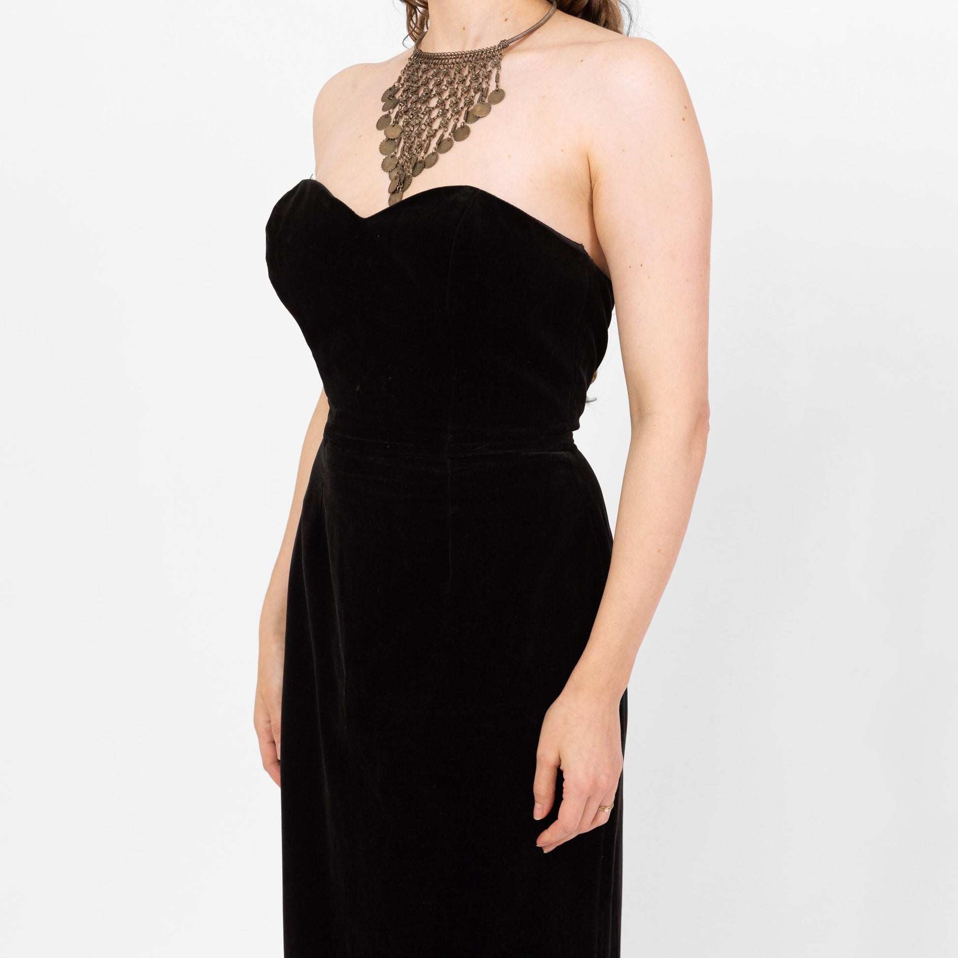 Vintage 80s Black Velvet Strapless Cocktail Dress - Medium | Minimalist Midi Sheath Party Dress