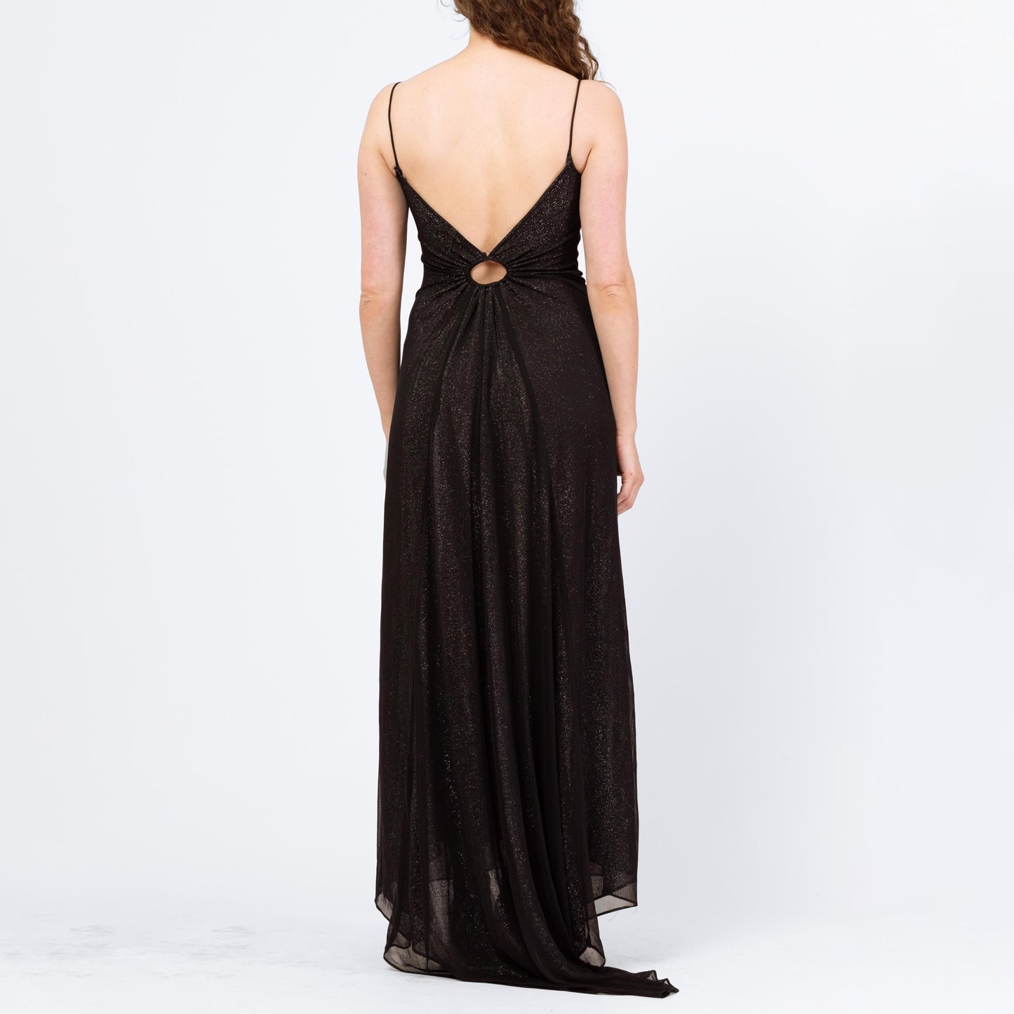 Vintage 90s Black & Silver Metallic Low Back Gown - Small | Zum Zum Niki Livas Keyhole A Line Formal Evening Maxi Dress With Train