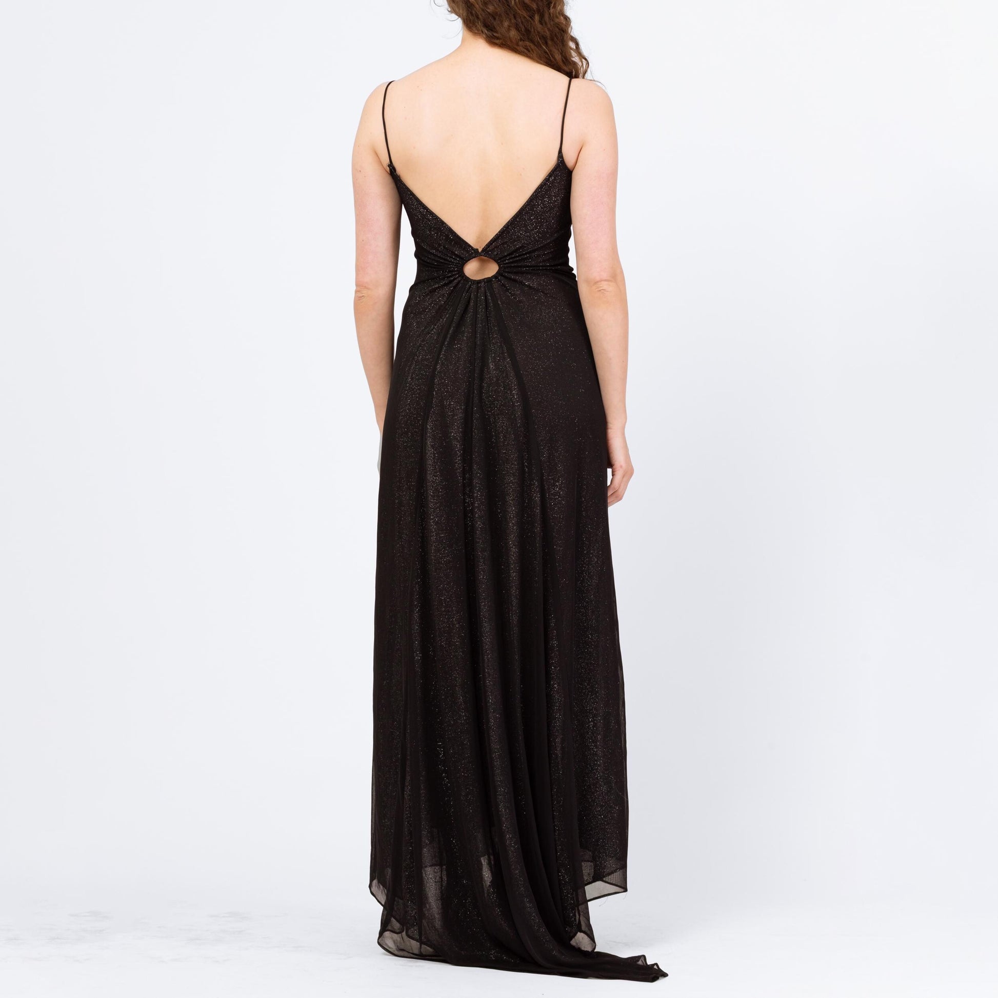 Vintage 90s Black & Silver Metallic Low Back Gown - Small | Zum Zum Niki Livas Keyhole A Line Formal Evening Maxi Dress With Train