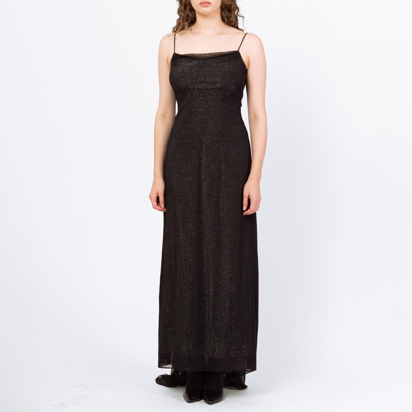 Vintage 90s Black & Silver Metallic Low Back Gown - Small | Zum Zum Niki Livas Keyhole A Line Formal Evening Maxi Dress With Train