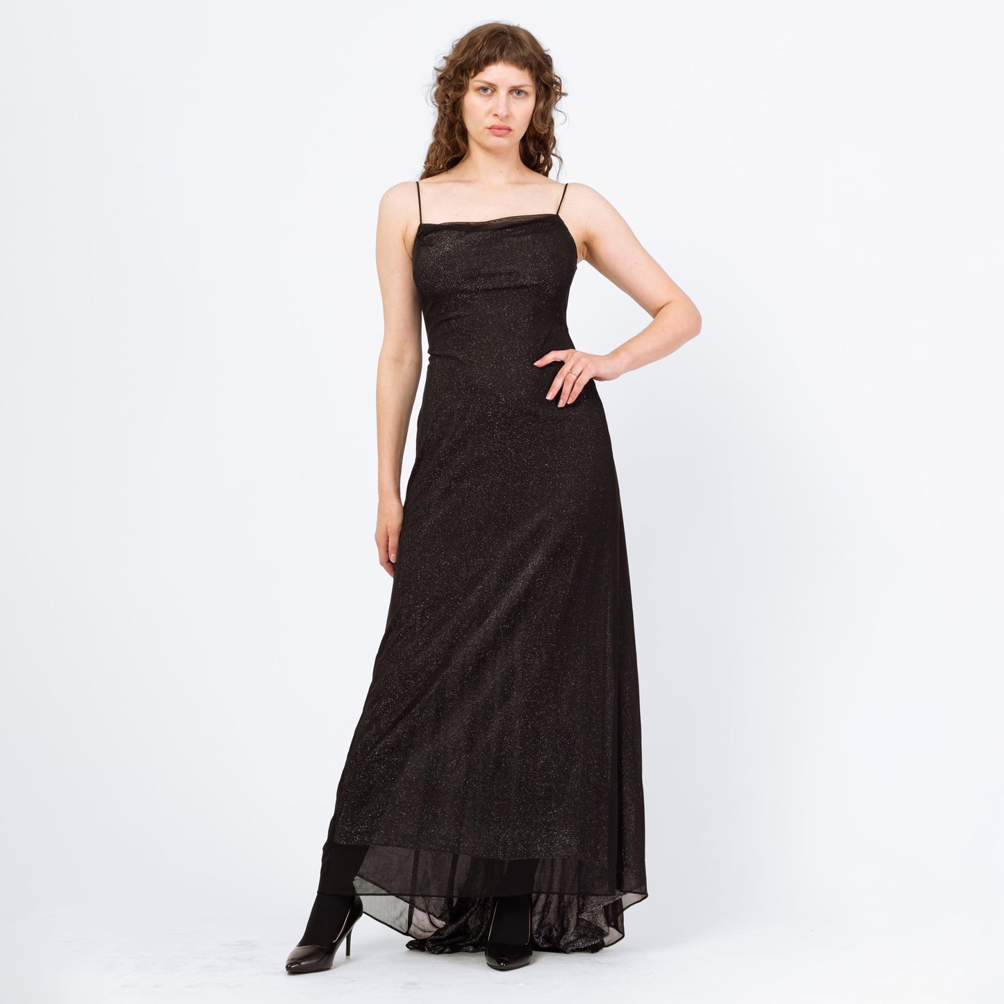 Vintage 90s Black & Silver Metallic Low Back Gown - Small | Zum Zum Niki Livas Keyhole A Line Formal Evening Maxi Dress With Train
