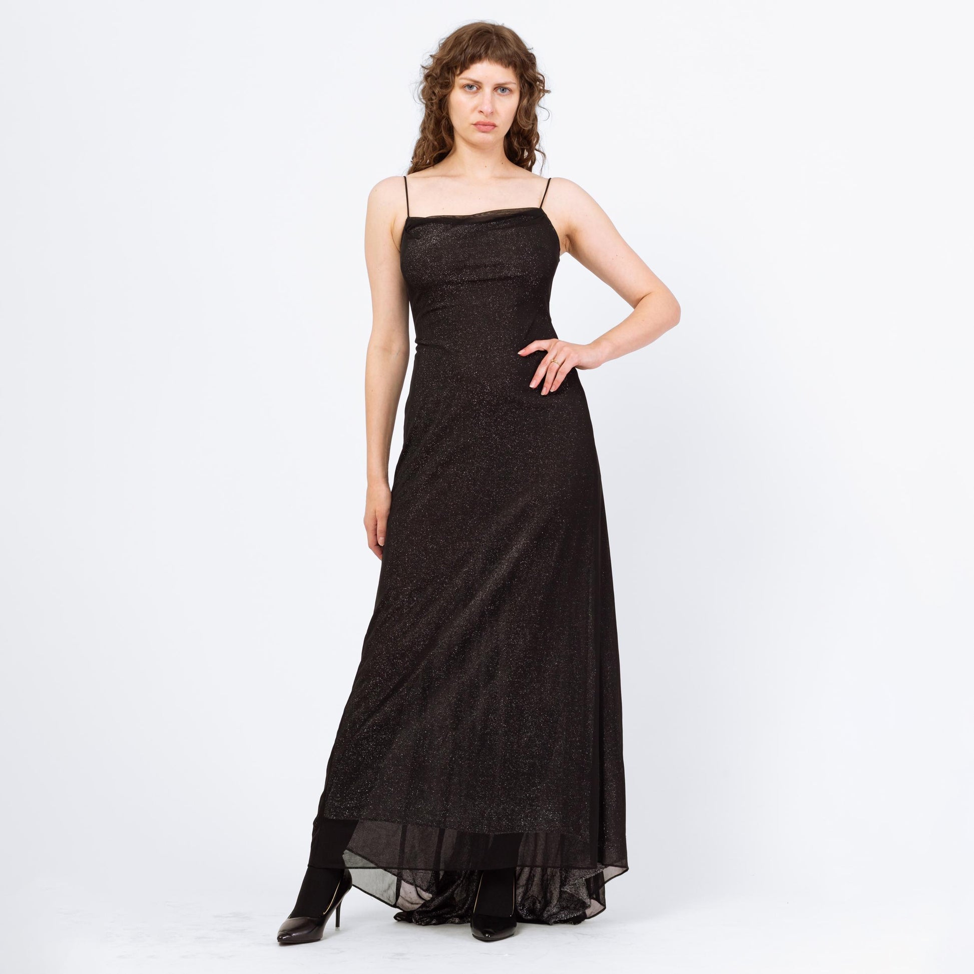 Vintage 90s Black & Silver Metallic Low Back Gown - Small | Zum Zum Niki Livas Keyhole A Line Formal Evening Maxi Dress With Train