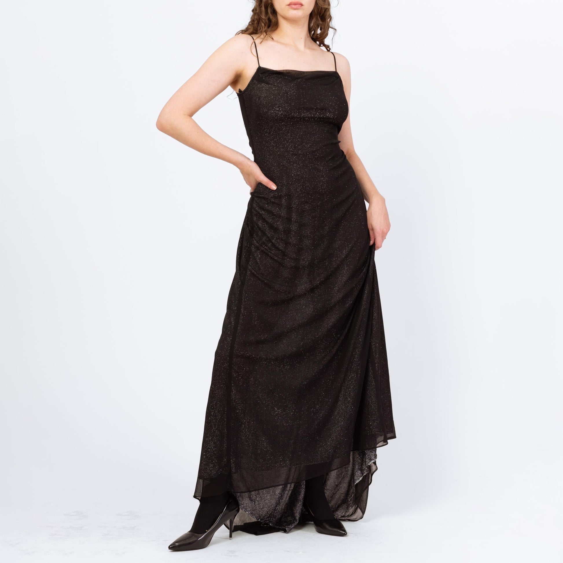 Vintage 90s Black & Silver Metallic Low Back Gown - Small | Zum Zum Niki Livas Keyhole A Line Formal Evening Maxi Dress With Train