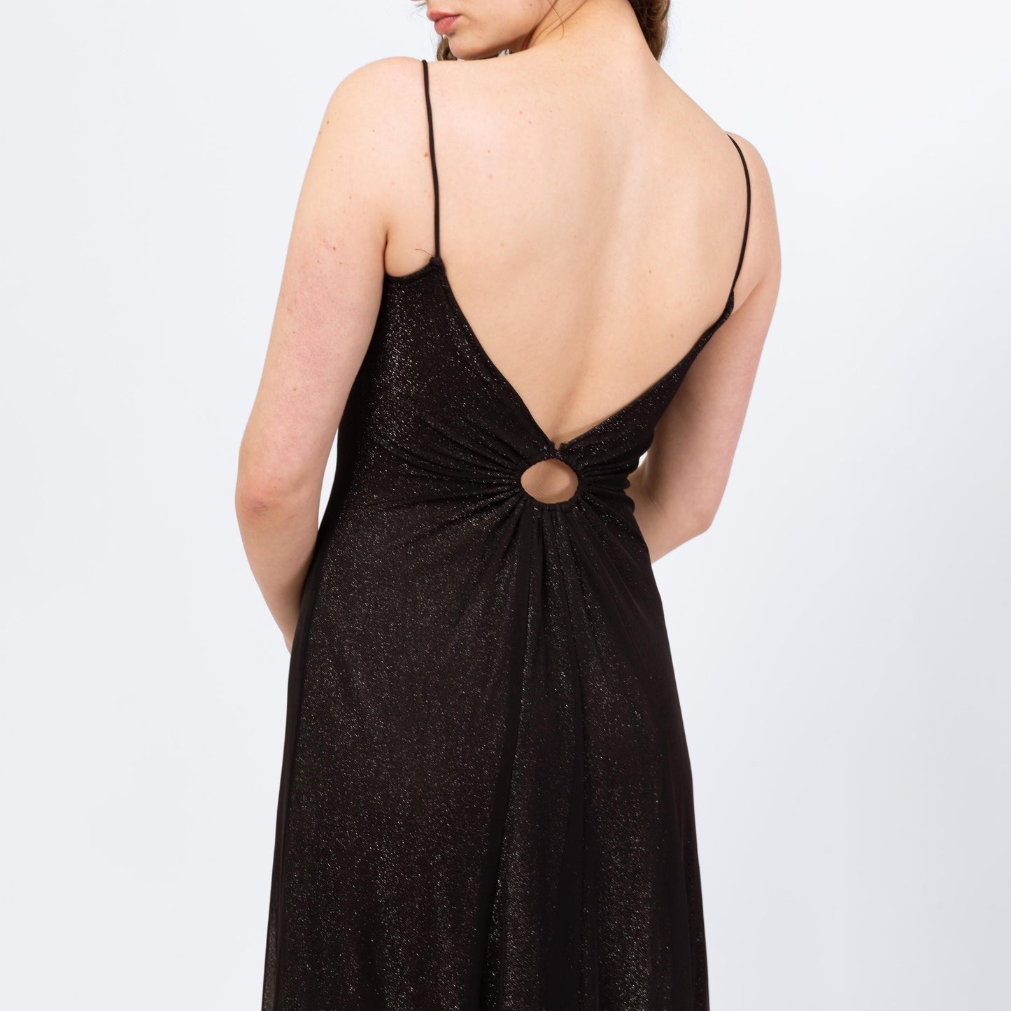 Vintage 90s Black & Silver Metallic Low Back Gown - Small | Zum Zum Niki Livas Keyhole A Line Formal Evening Maxi Dress With Train