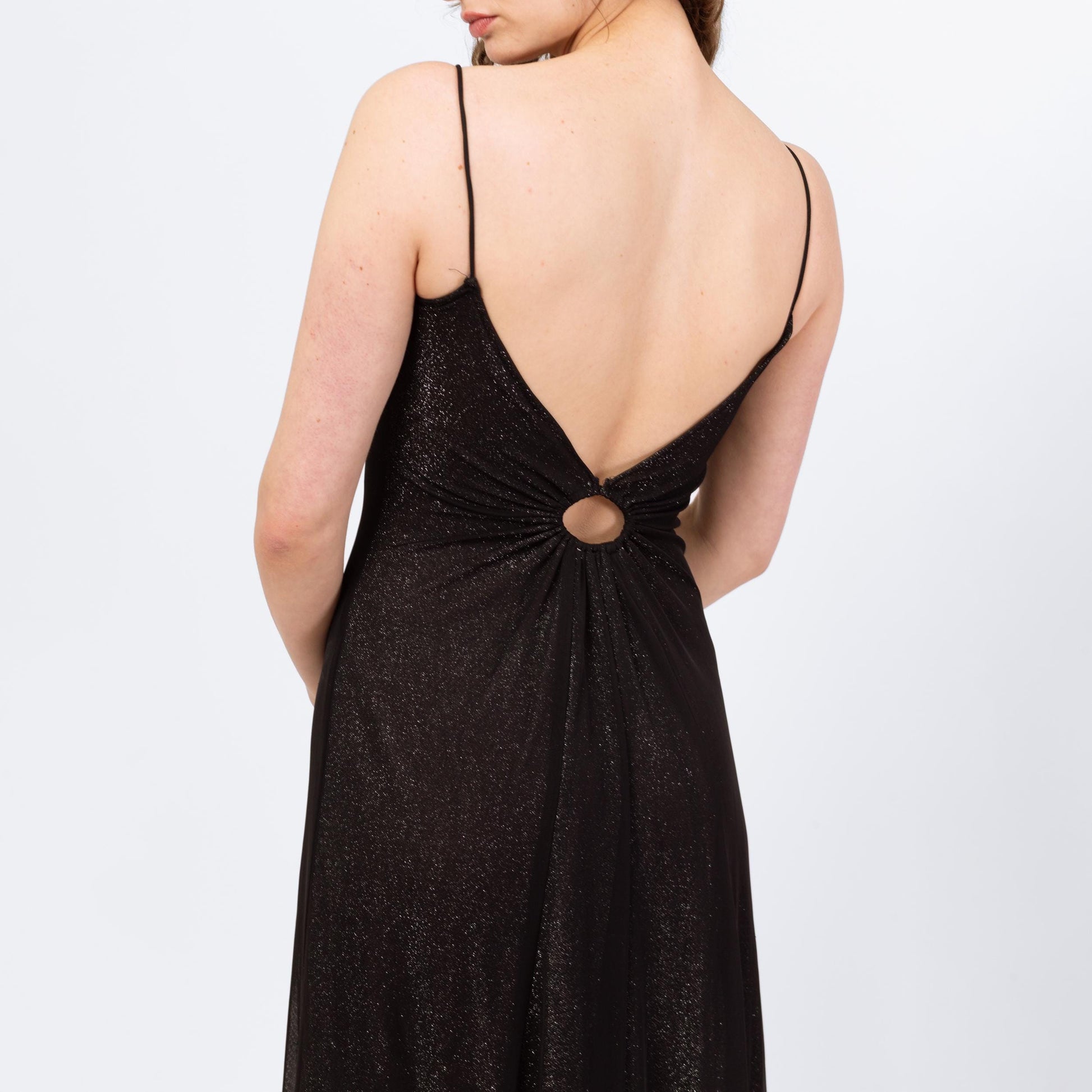 Vintage 90s Black & Silver Metallic Low Back Gown - Small | Zum Zum Niki Livas Keyhole A Line Formal Evening Maxi Dress With Train