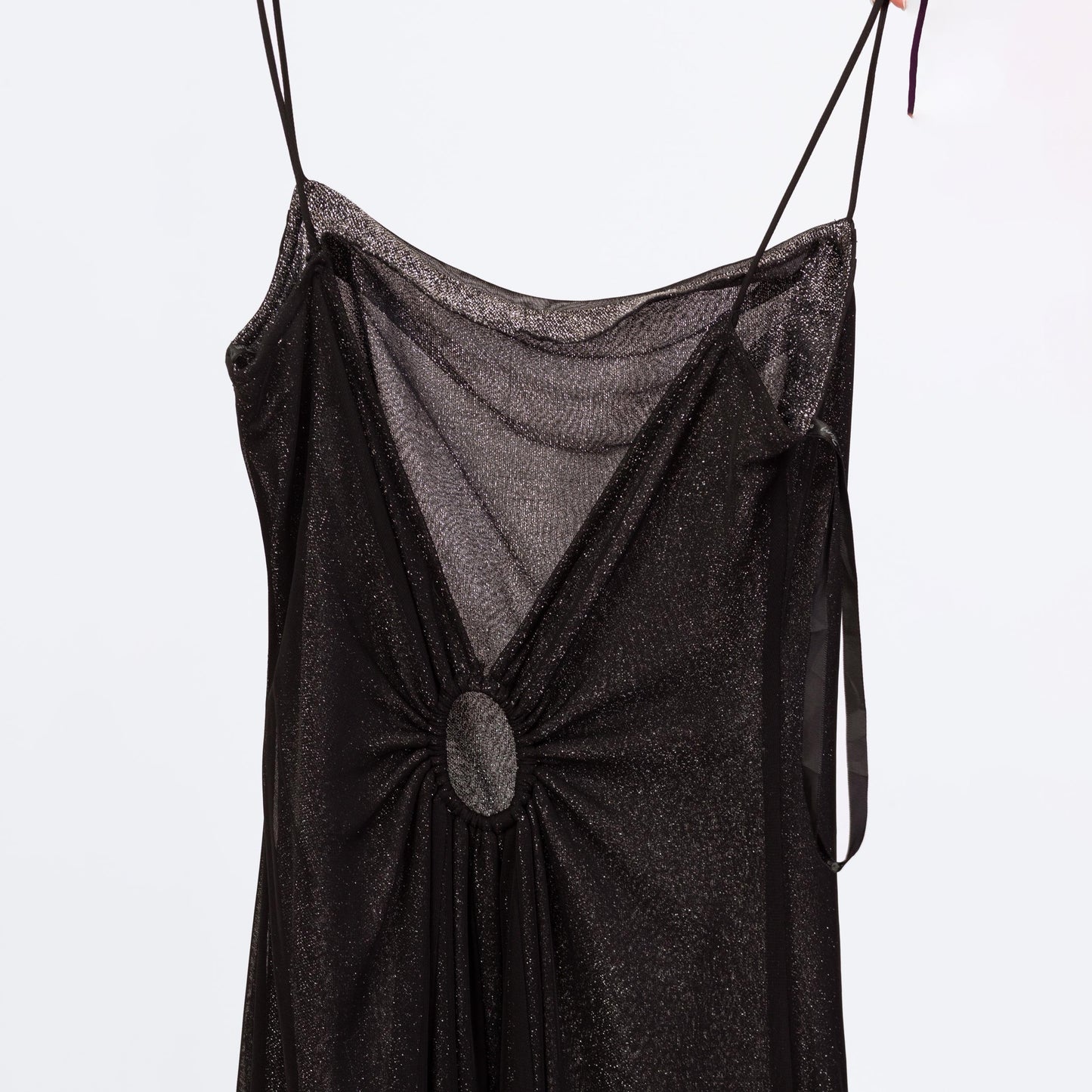 Vintage 90s Black & Silver Metallic Low Back Gown - Small | Zum Zum Niki Livas Keyhole A Line Formal Evening Maxi Dress With Train