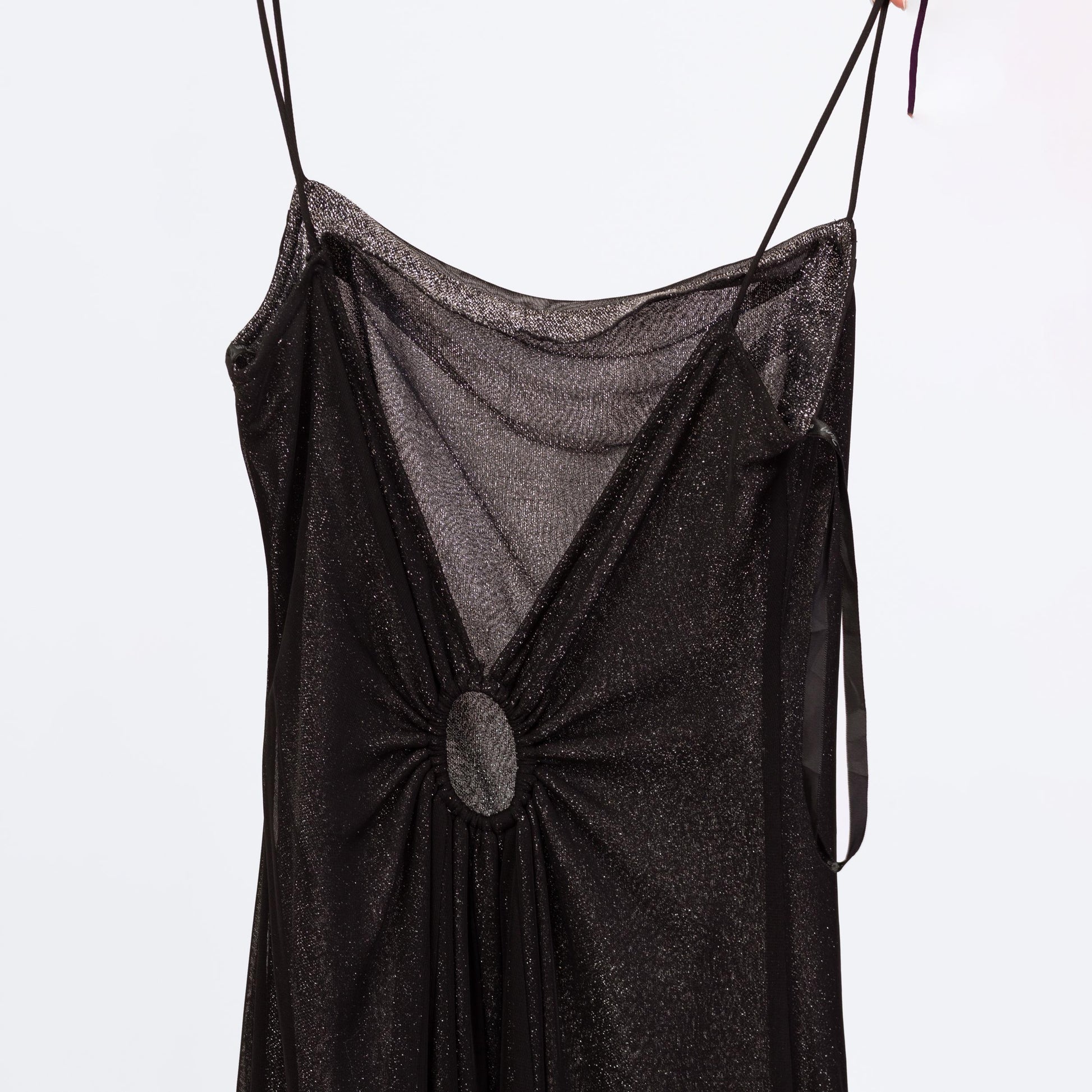 Vintage 90s Black & Silver Metallic Low Back Gown - Small | Zum Zum Niki Livas Keyhole A Line Formal Evening Maxi Dress With Train