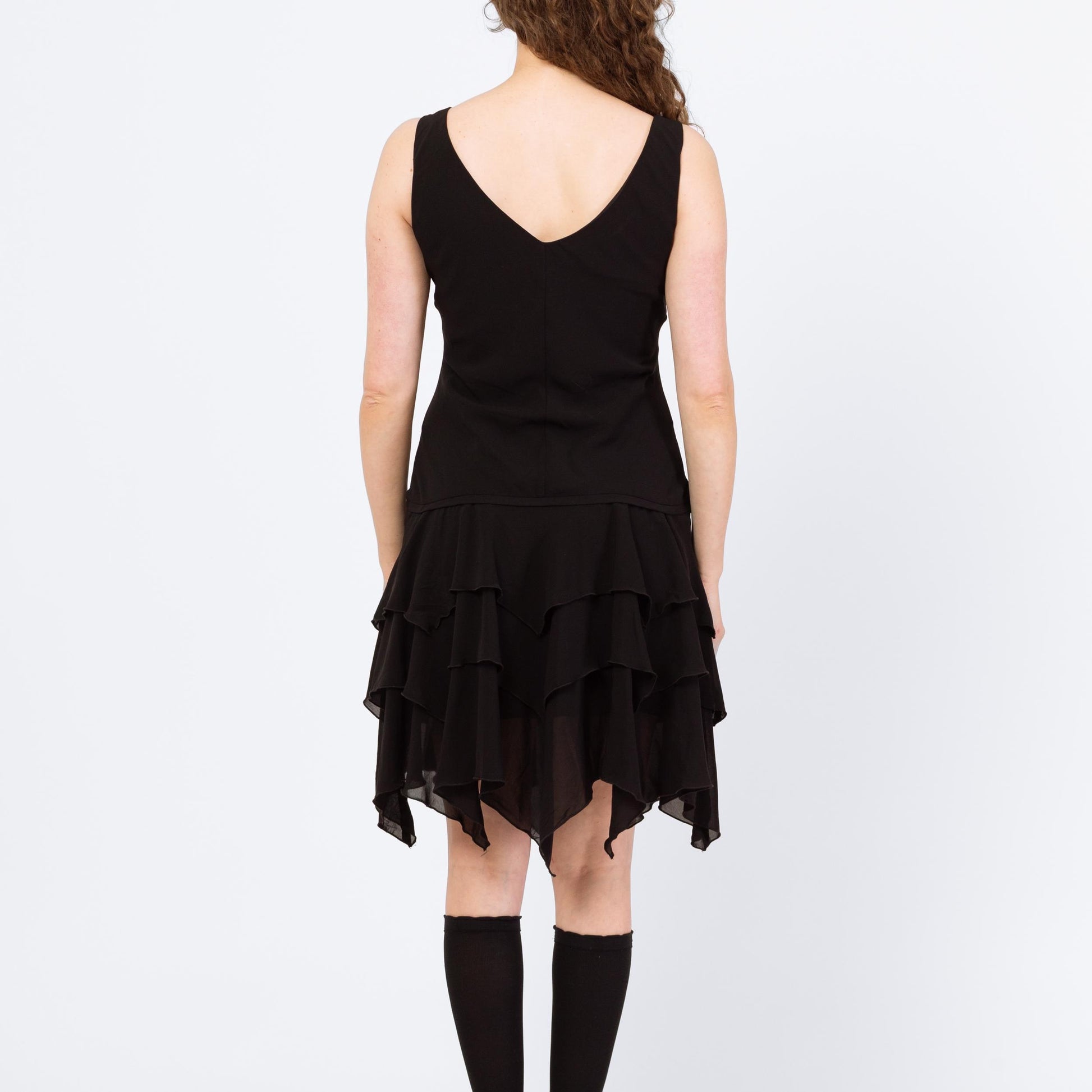 Vintage 90s Black Scarf Hem Fairy Goth Party Dress - Large | Whimsigoth Sleeveless Hanky Hem Knee Length Dress