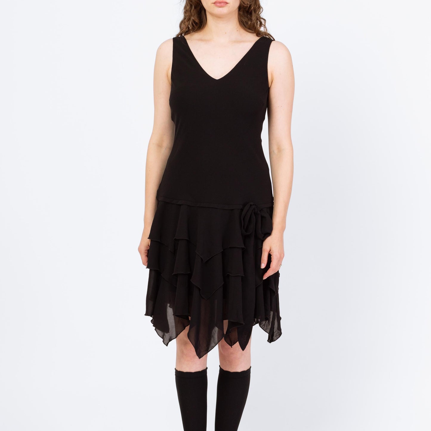 Vintage 90s Black Scarf Hem Fairy Goth Party Dress - Large | Whimsigoth Sleeveless Hanky Hem Knee Length Dress