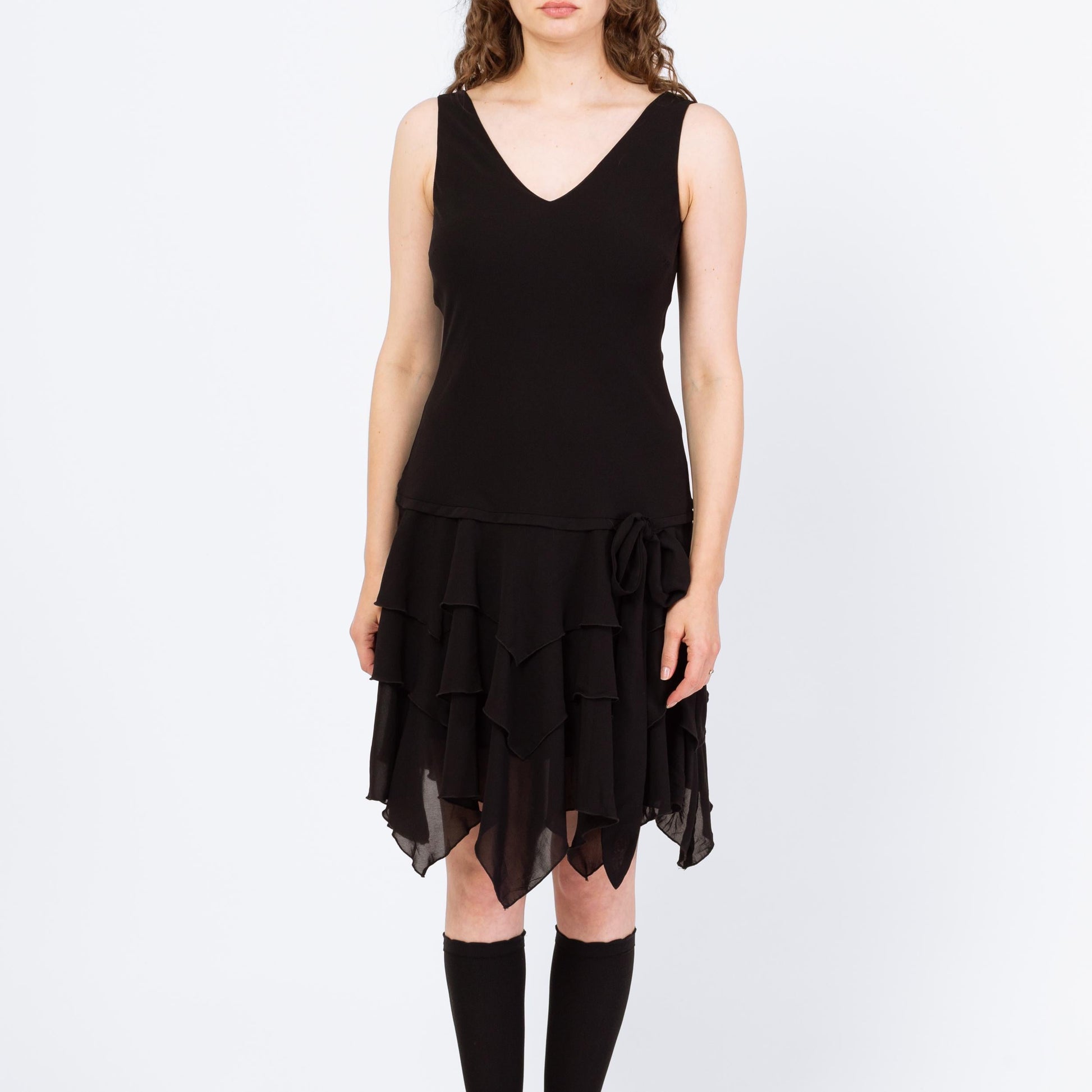 Vintage 90s Black Scarf Hem Fairy Goth Party Dress - Large | Whimsigoth Sleeveless Hanky Hem Knee Length Dress