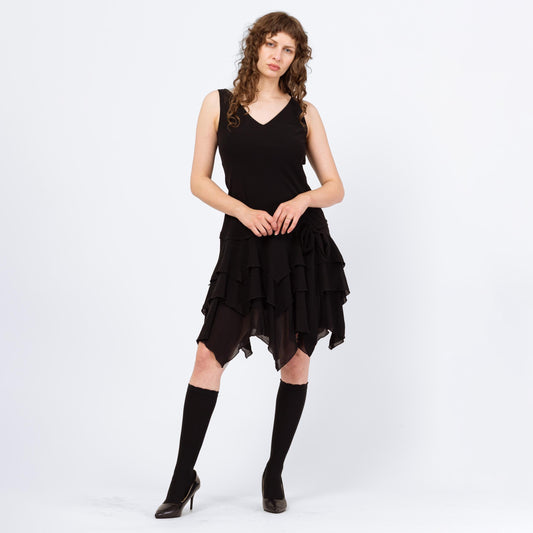 Vintage 90s Black Scarf Hem Fairy Goth Party Dress - Large | Whimsigoth Sleeveless Hanky Hem Knee Length Dress