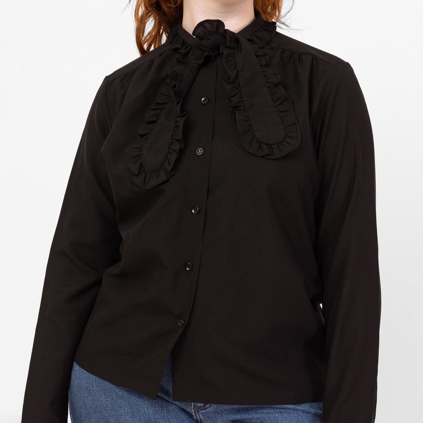 Vintage 70s Black Ascot Tie Blouse - Large