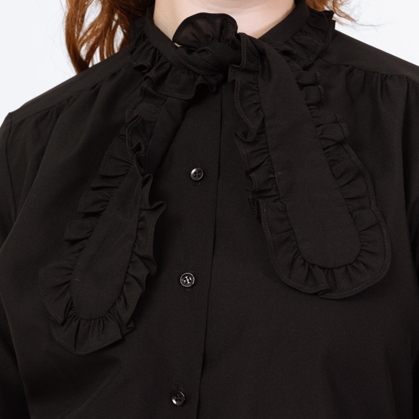 Vintage 70s Black Ascot Tie Blouse - Large