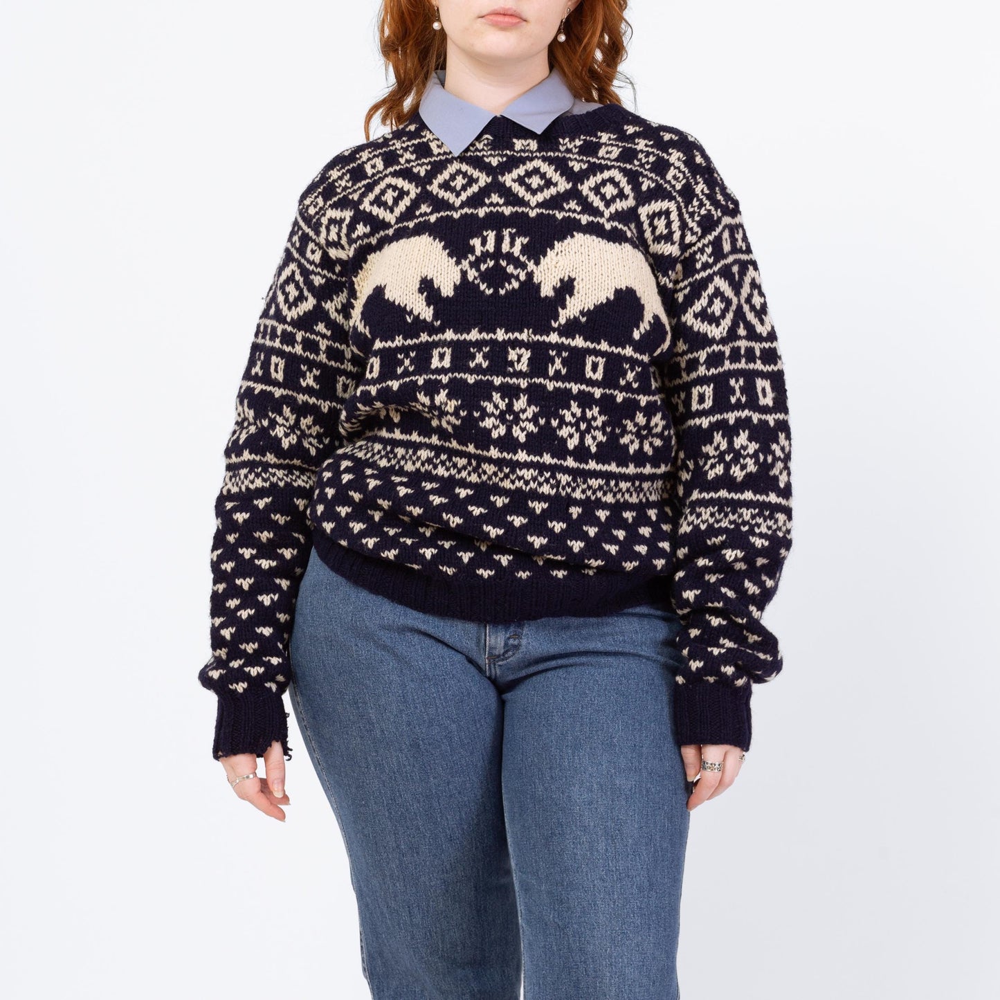Vintage 80s Battling Caribou Nordic Fair Isle Sweater - Large