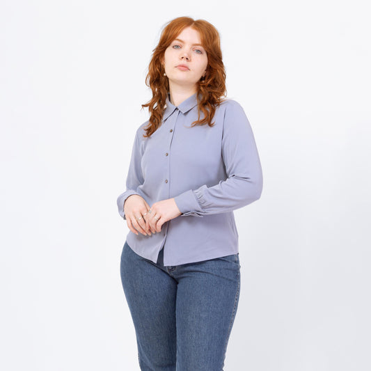 Vintage 90s Cornflower Blue Silk Button Up Blouse - Large