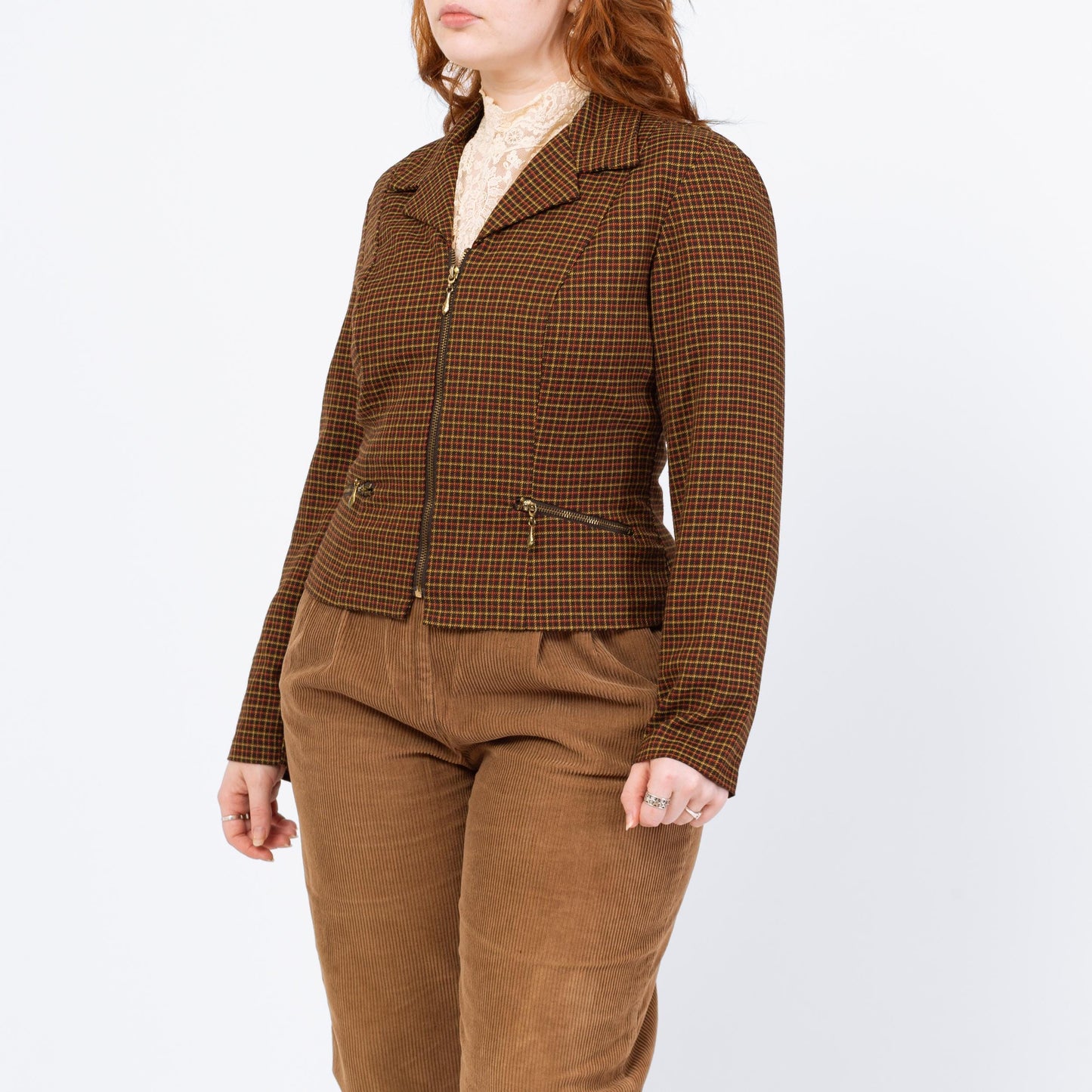 Vintage 90s Brown Plaid Fitted Blazer - Medium