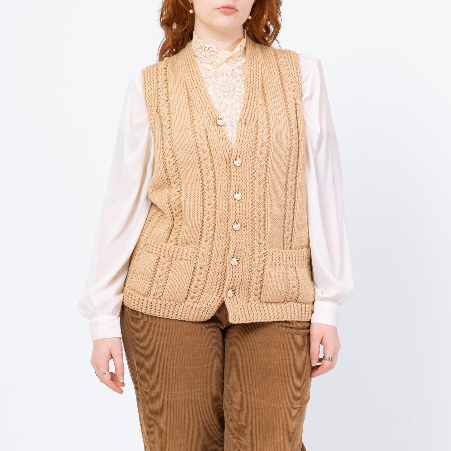 Vintage 80s Cream Cable Knit Sweater Vest - Medium