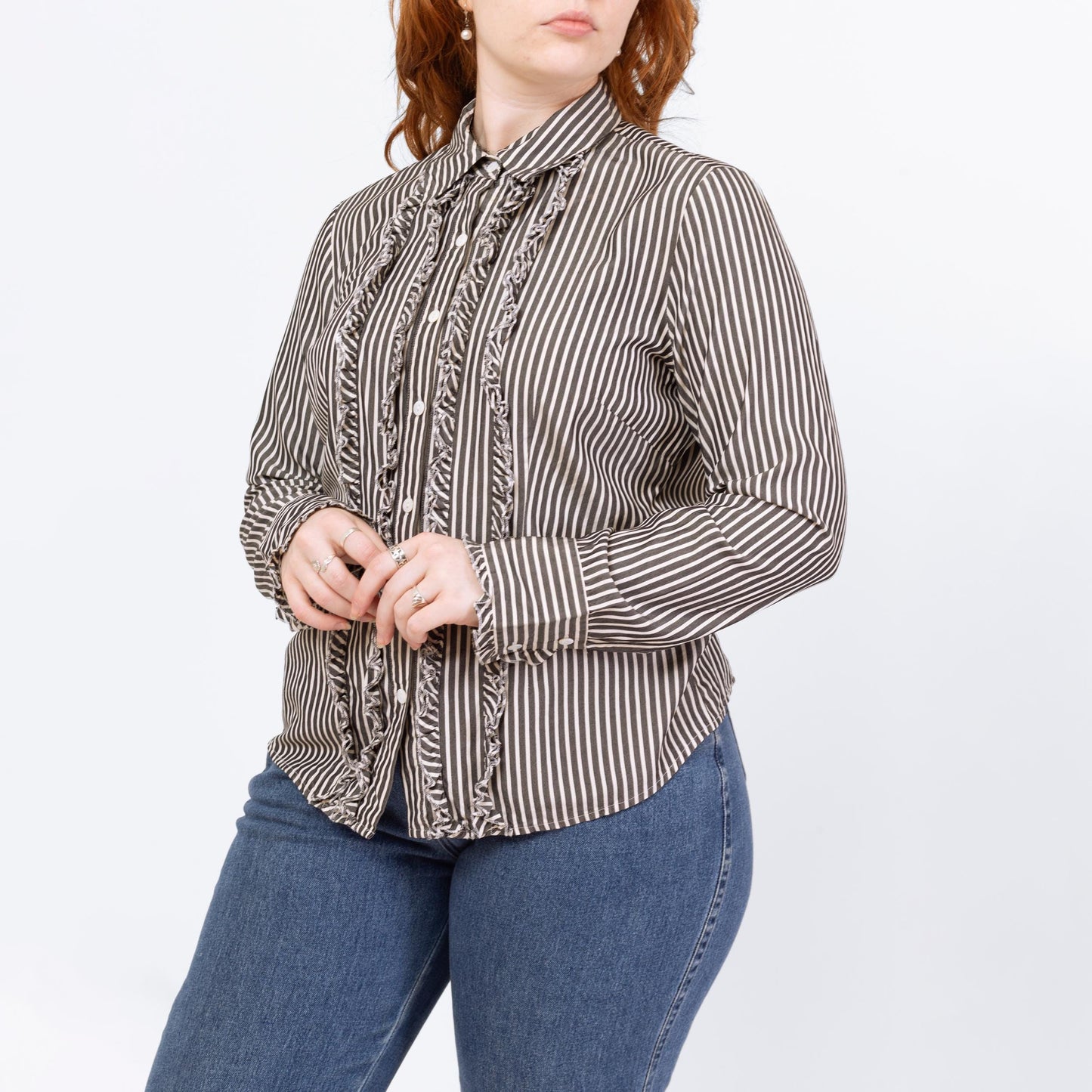 Vintage 90s Black & White Striped Silk Tuxedo Ruffle Blouse - Large