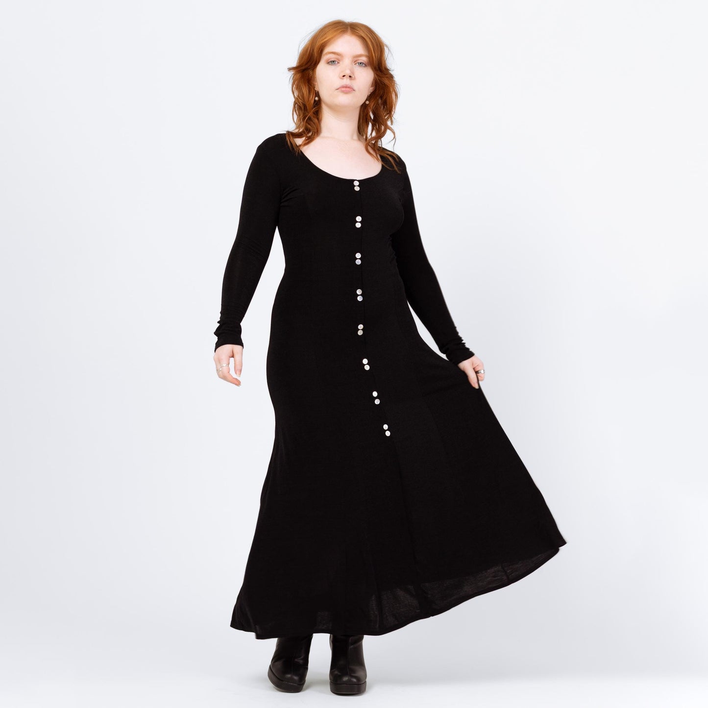 Vintage 90s Slinky Black Long Sleeve Maxi Dress - Large | Minimalist Button Front Witchy Goth Grunge Dress