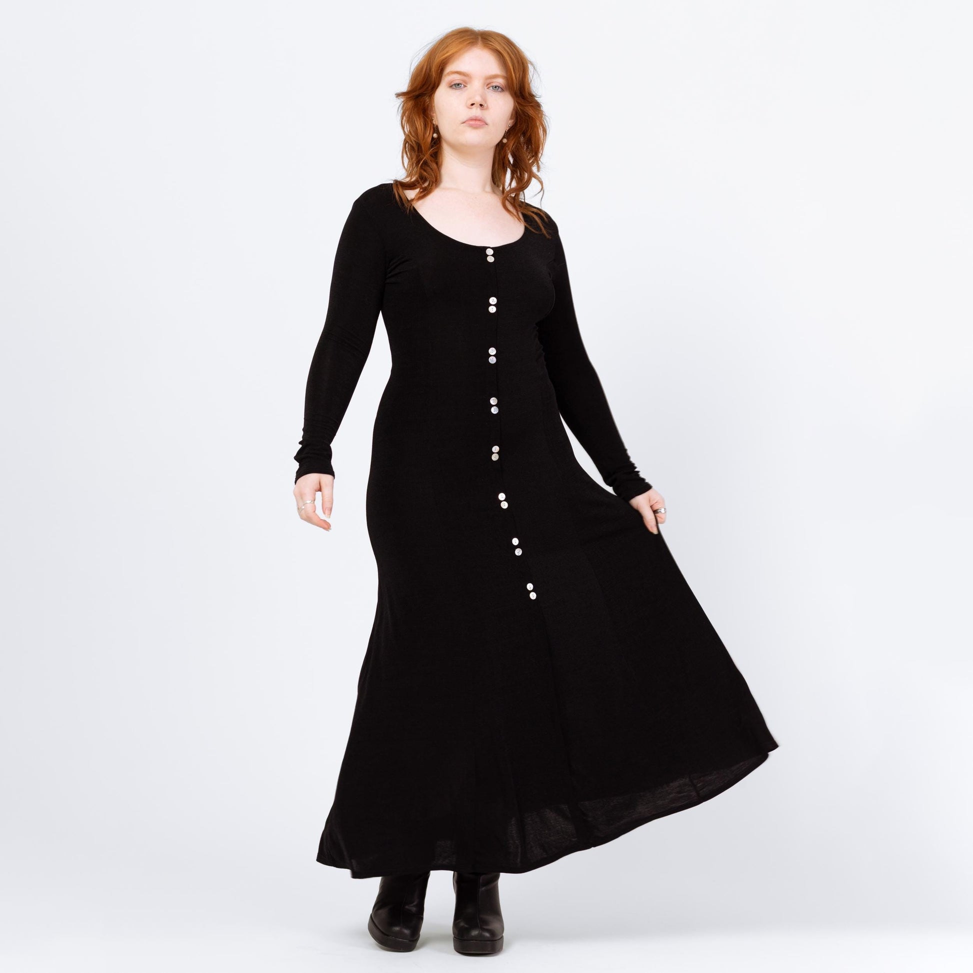 Vintage 90s Slinky Black Long Sleeve Maxi Dress - Large | Minimalist Button Front Witchy Goth Grunge Dress