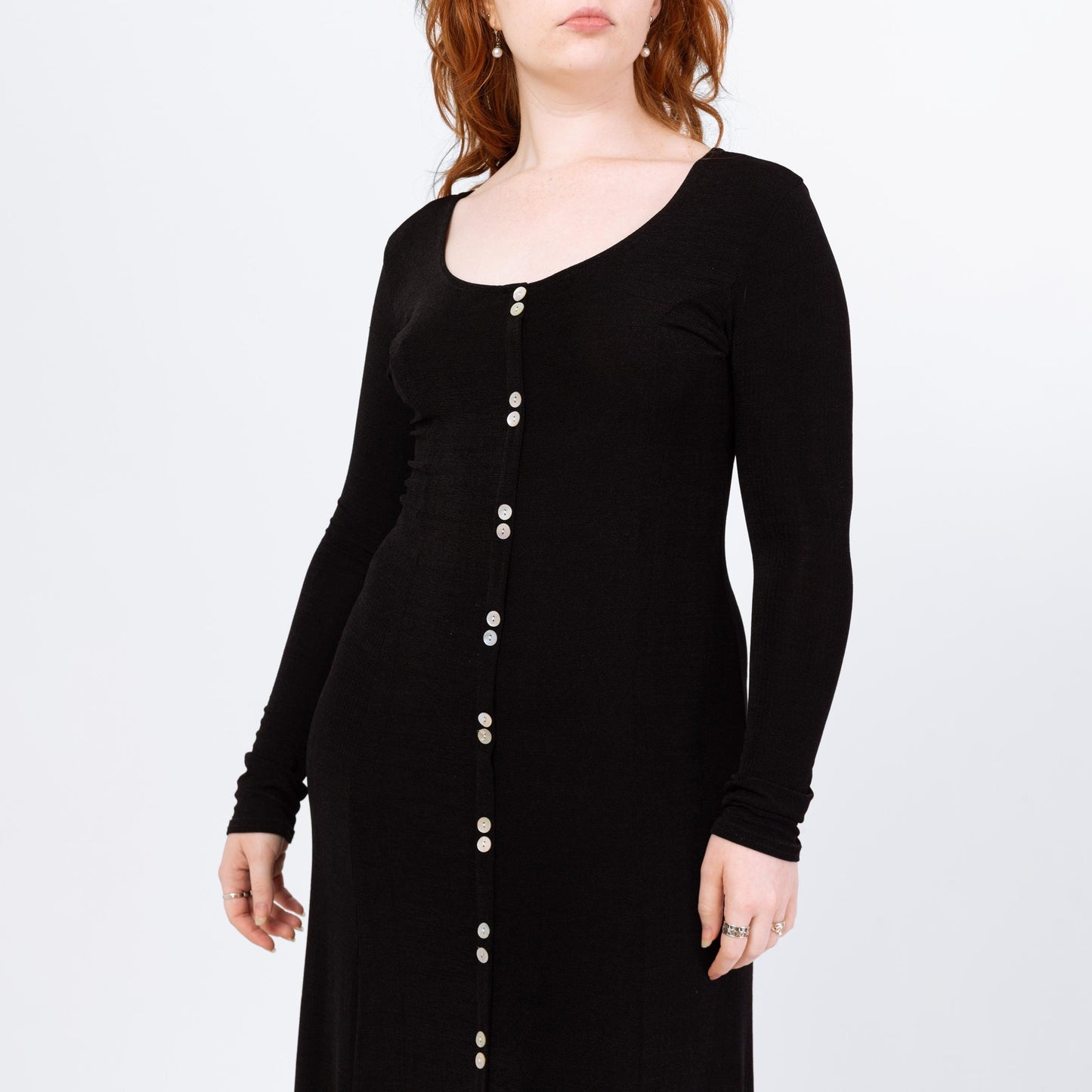 Vintage 90s Slinky Black Long Sleeve Maxi Dress - Large | Minimalist Button Front Witchy Goth Grunge Dress