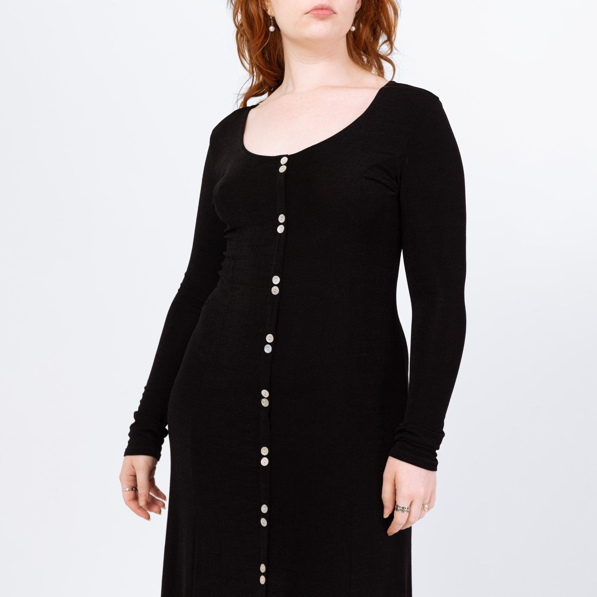Vintage 90s Slinky Black Long Sleeve Maxi Dress - Large | Minimalist Button Front Witchy Goth Grunge Dress